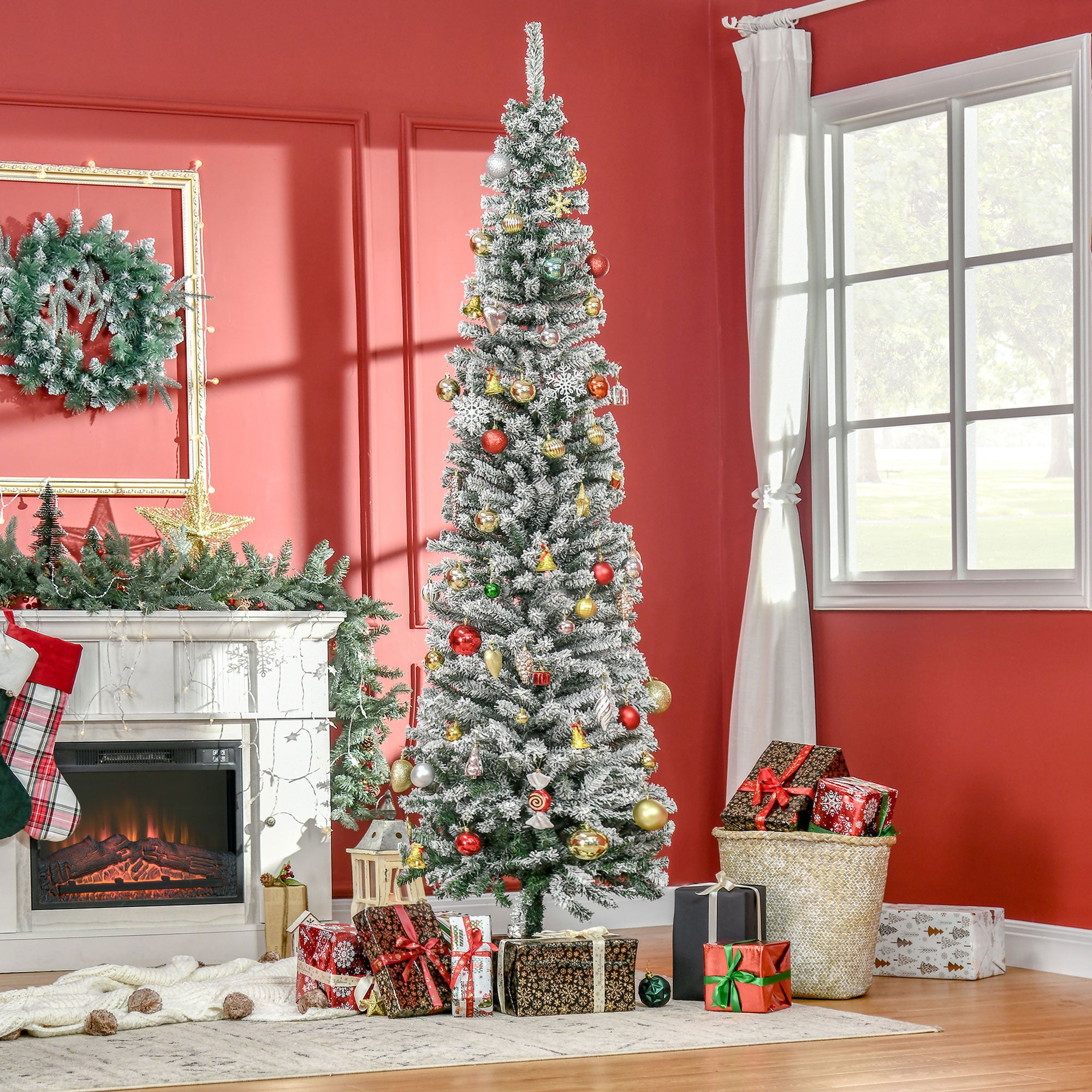 HOMOM 7.5ft Flocked Christmas Tree, Pencil Artificial Xmas Tree with Faux Snow, Dense Branches, Foldable Metal Base for Indoor Holiday Decor