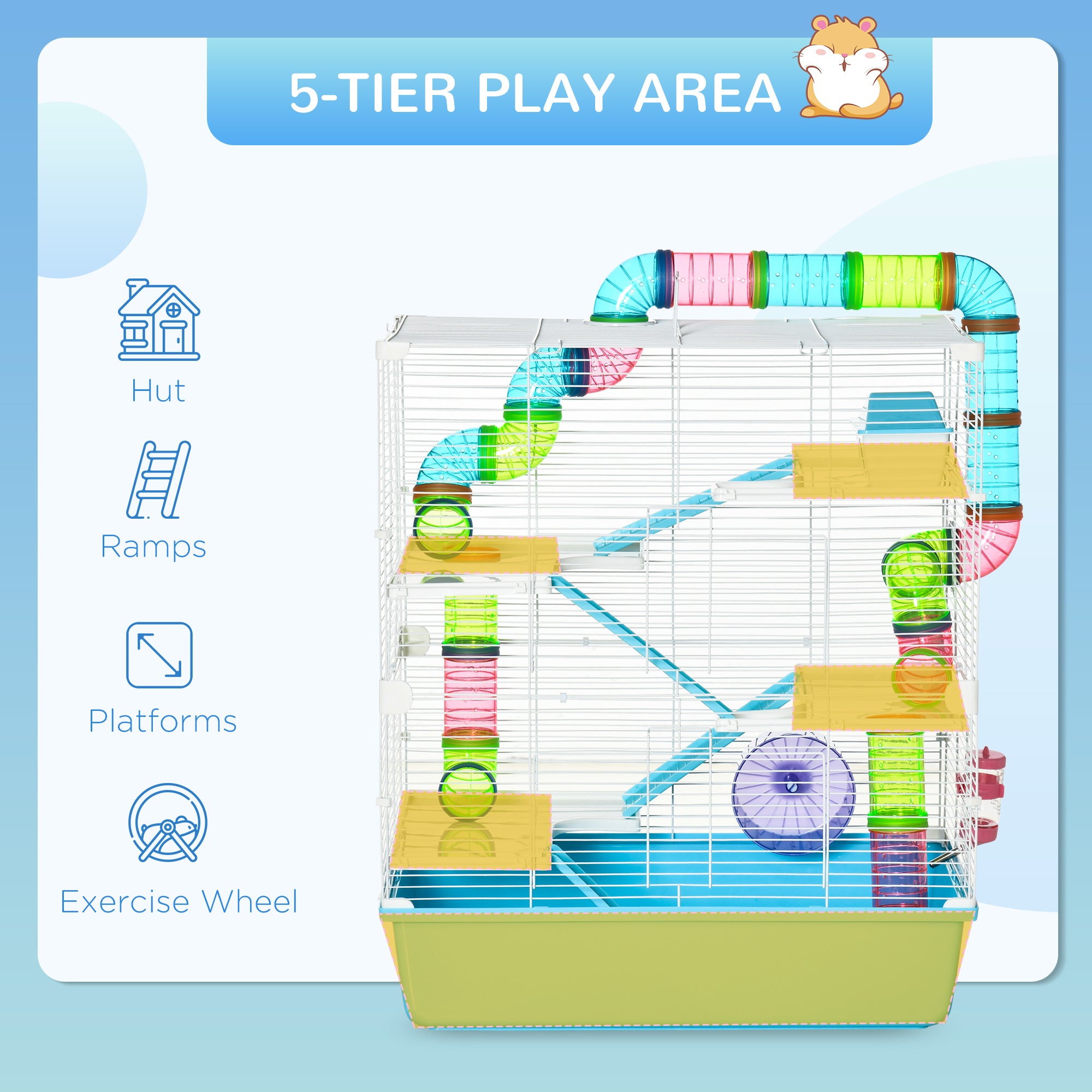 Extra Large 23" Hamster Cage with Tubes and Tunnels, Portable Carry Handles, Rat House and Habitats Big 5-Tier Design, Mouse Cage Includes Exercise Wheel, Water Bottle, Food Dish, Light Blue - Light Blue - Image 6