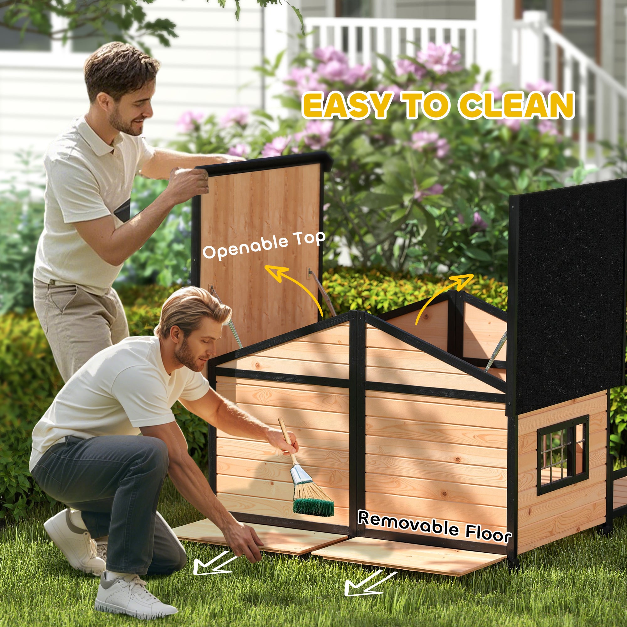 Dog House Outdoor, Wooden Dog Kennel Weatherproof with Porch, Openable Roof, Removable Bottom, Elevated Floor, Double Room for 2 Small to Medium Breeds, Natural - Natural Wood - Image 6