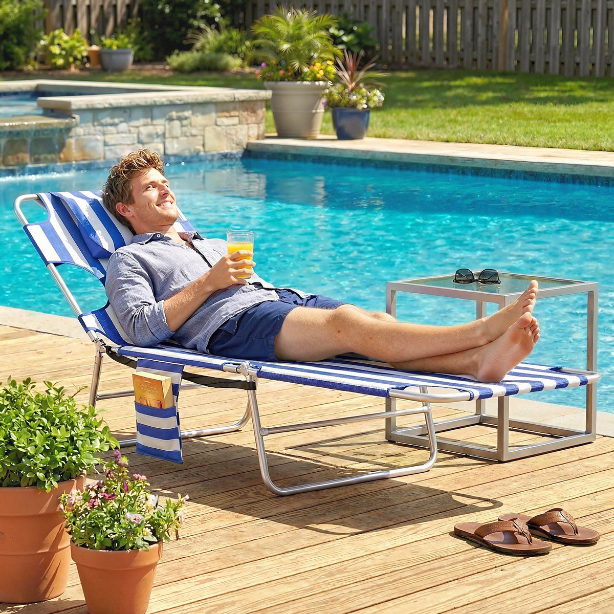 Tanning Chair with Face Hole, 5-Level Adjustable Outdoor Chaise Lounge Chair with Pillow for Beach, Pool, Blue Stripes