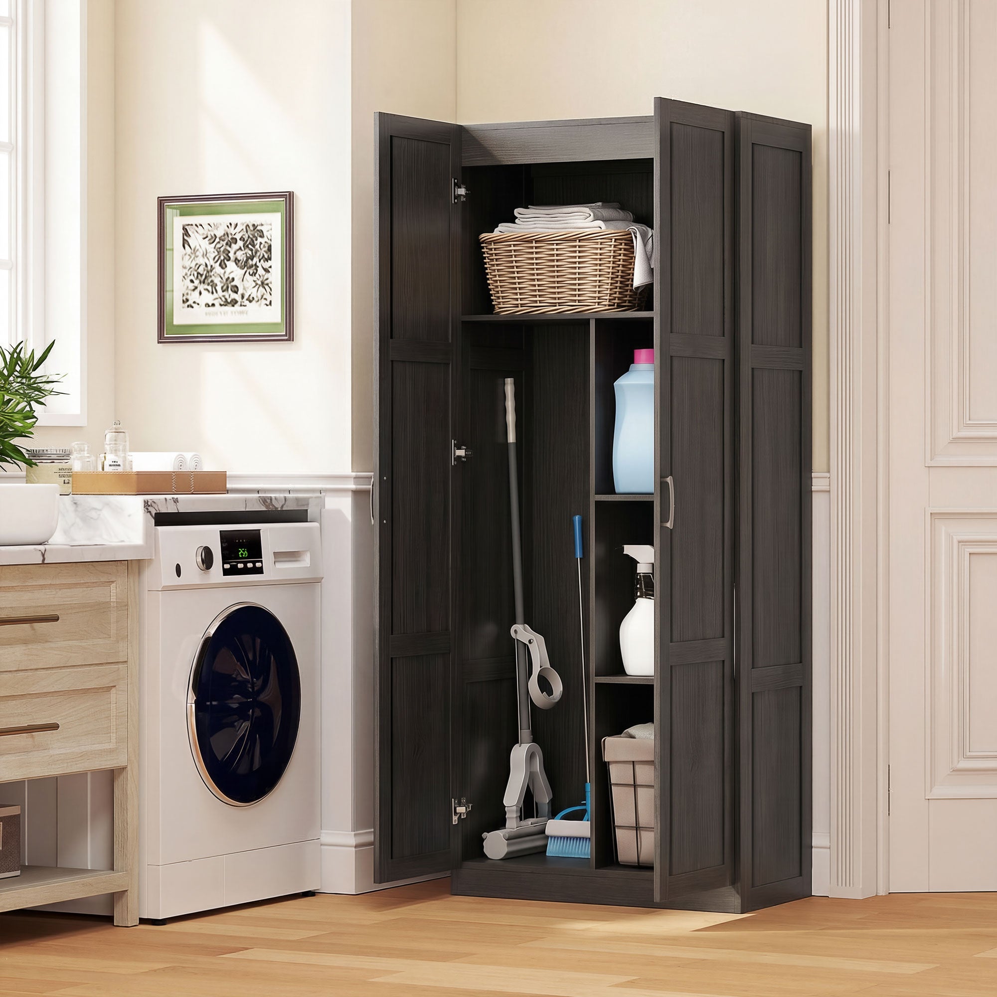 Farmhouse Pantry Cabinet, 71" Tall Kitchen Pantry Storage Cabinet with Soft-Close Hinges, Adjustable Shelves, Espresso