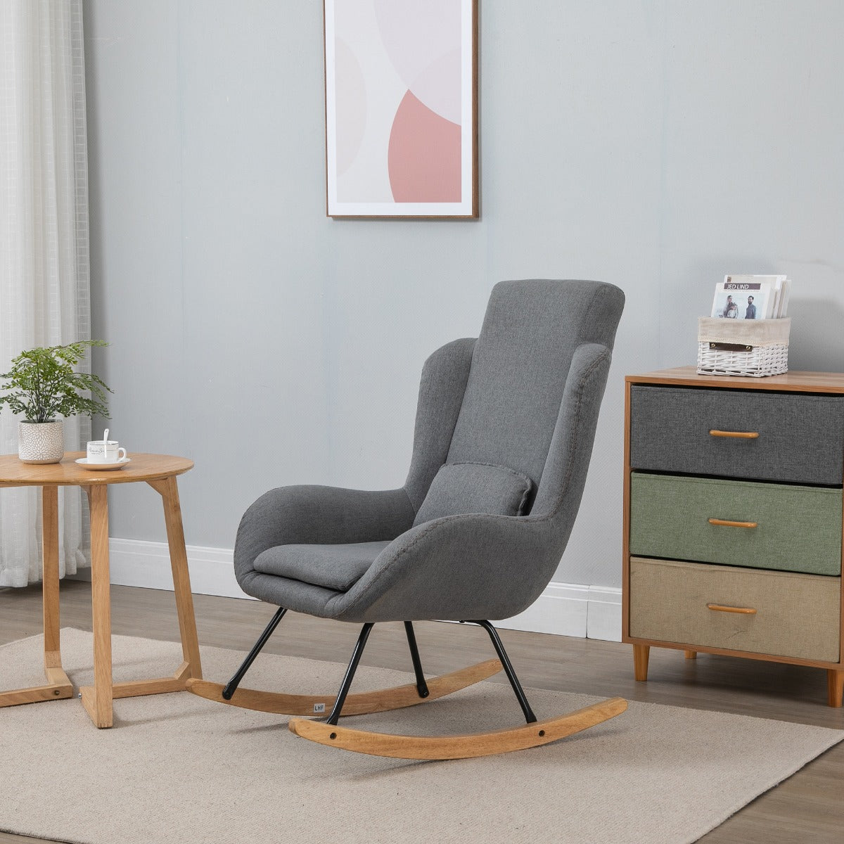 Modern Rocking Chair with Removable Lumbar Pillow Fabric Sofa Armchair with Thick Padding, Metal Frame, Wood Base for Living Room, Light Gray