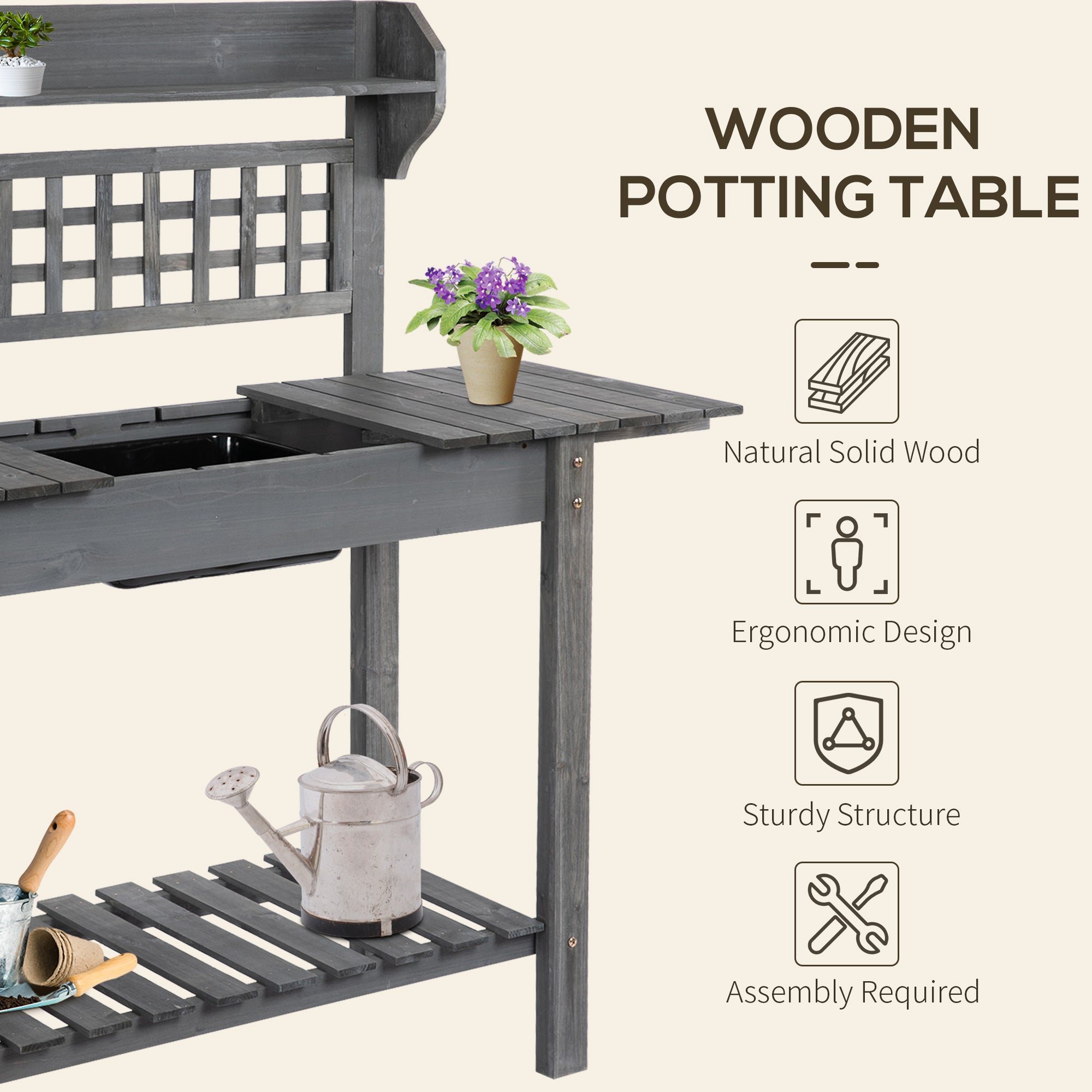 Outdoor Potting Bench Table, Wooden Workstation with Sliding Tabletop, Storage Shelf and Dry Sink, for Greenhouse, Garden, Patio, Gray - Gray - Image 4