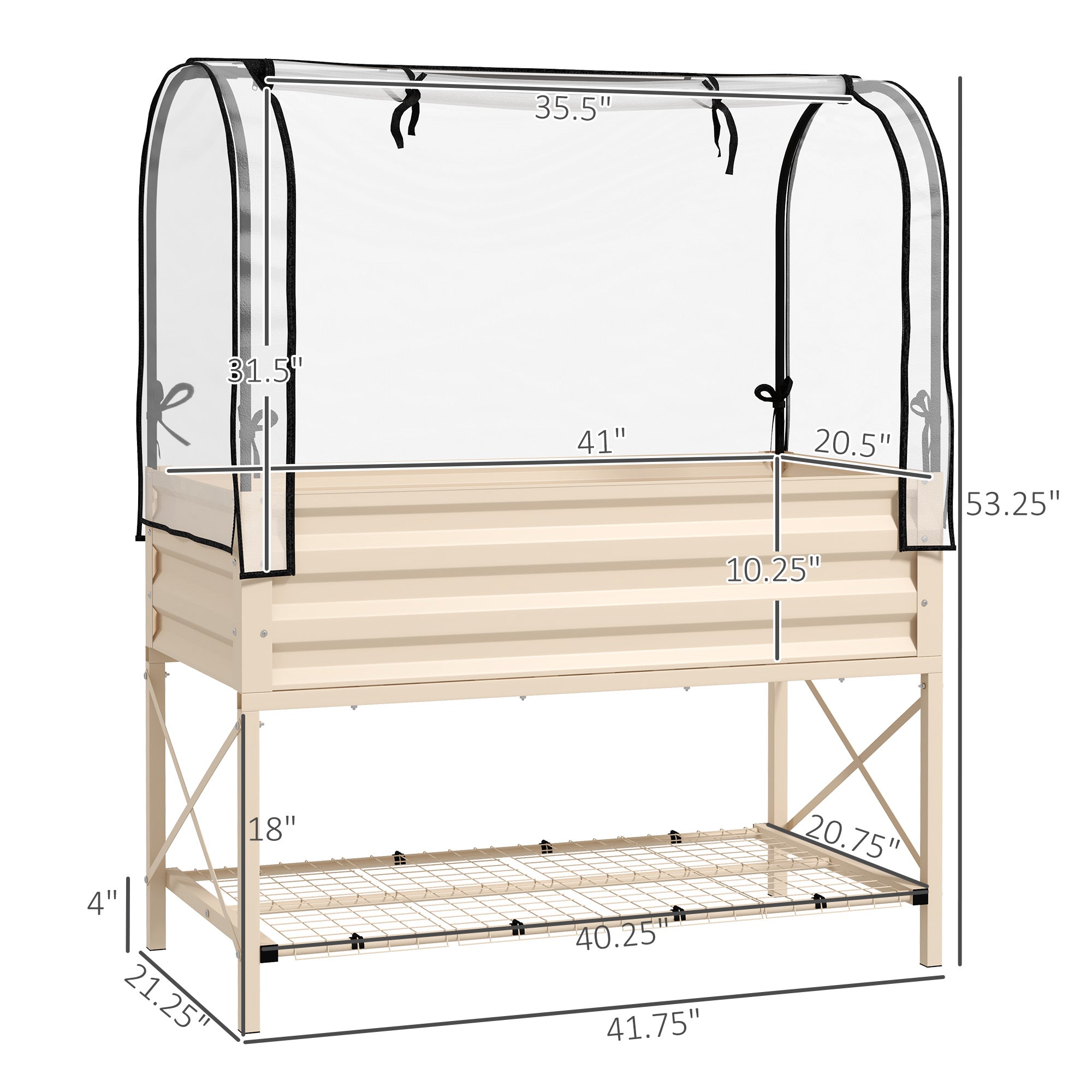 Raised Garden Bed with Legs and Cover, Metal Elevated Planter Box with Bottom Shelf and Liner for Vegetables, Cream - Cream White - Image 3