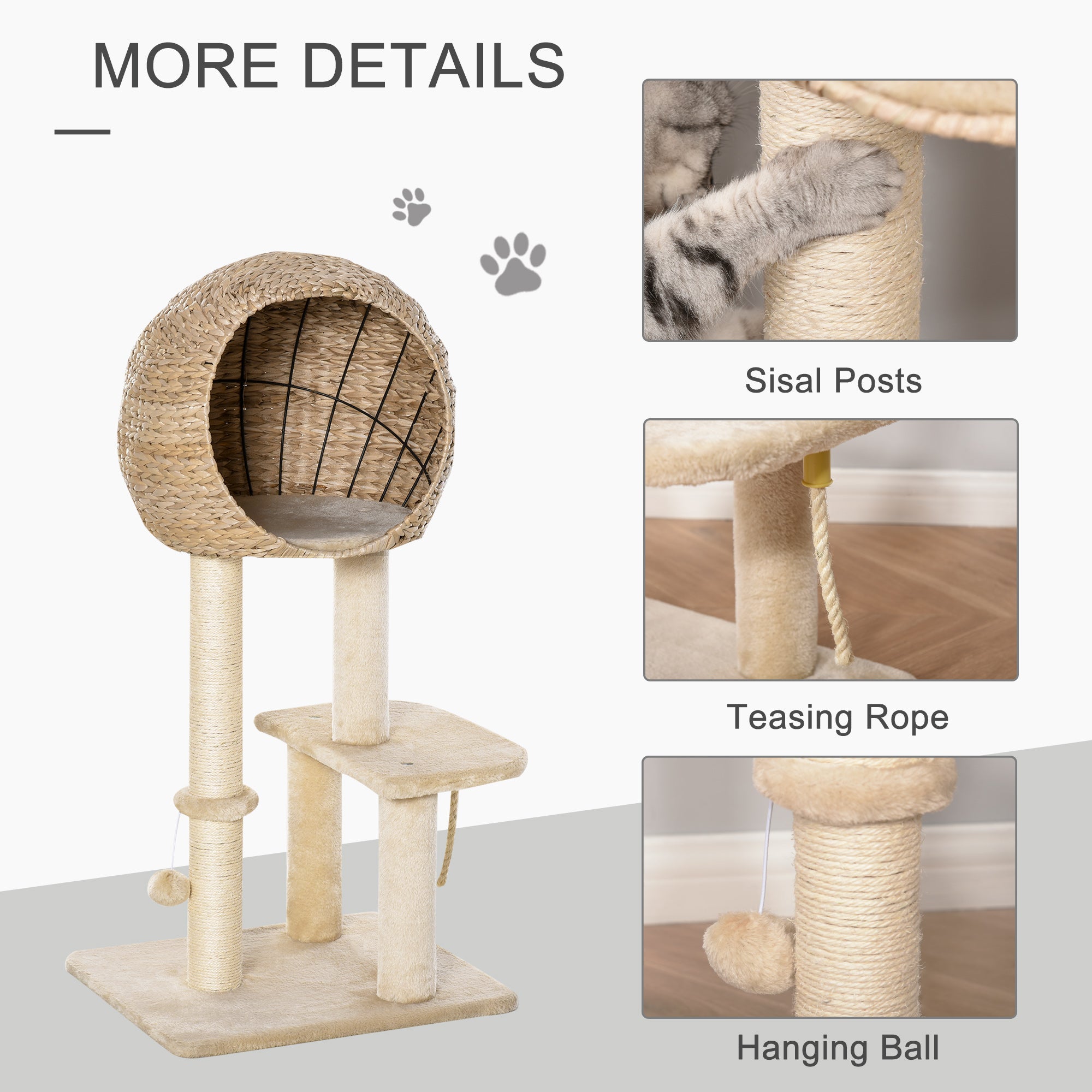 Cat Tree with Sisal Scratching Post Condo and Hanging Rope 39" H, Beige - Beige - Image 5