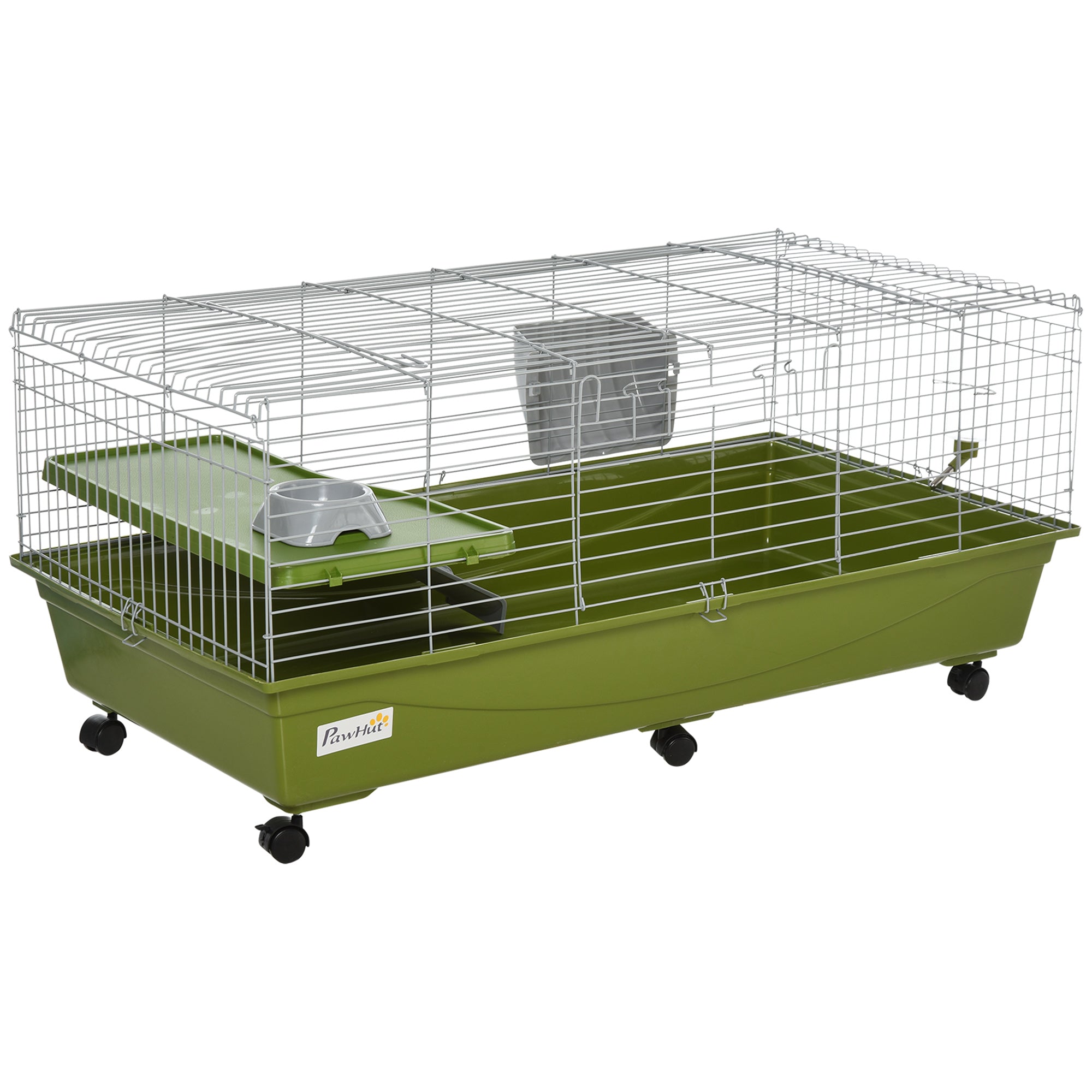 47" Small Animal Cage Chinchilla Guinea Pig Hutch Pet House with Platform Ramp, Food Dish, Wheels, & Water Bottle - Green