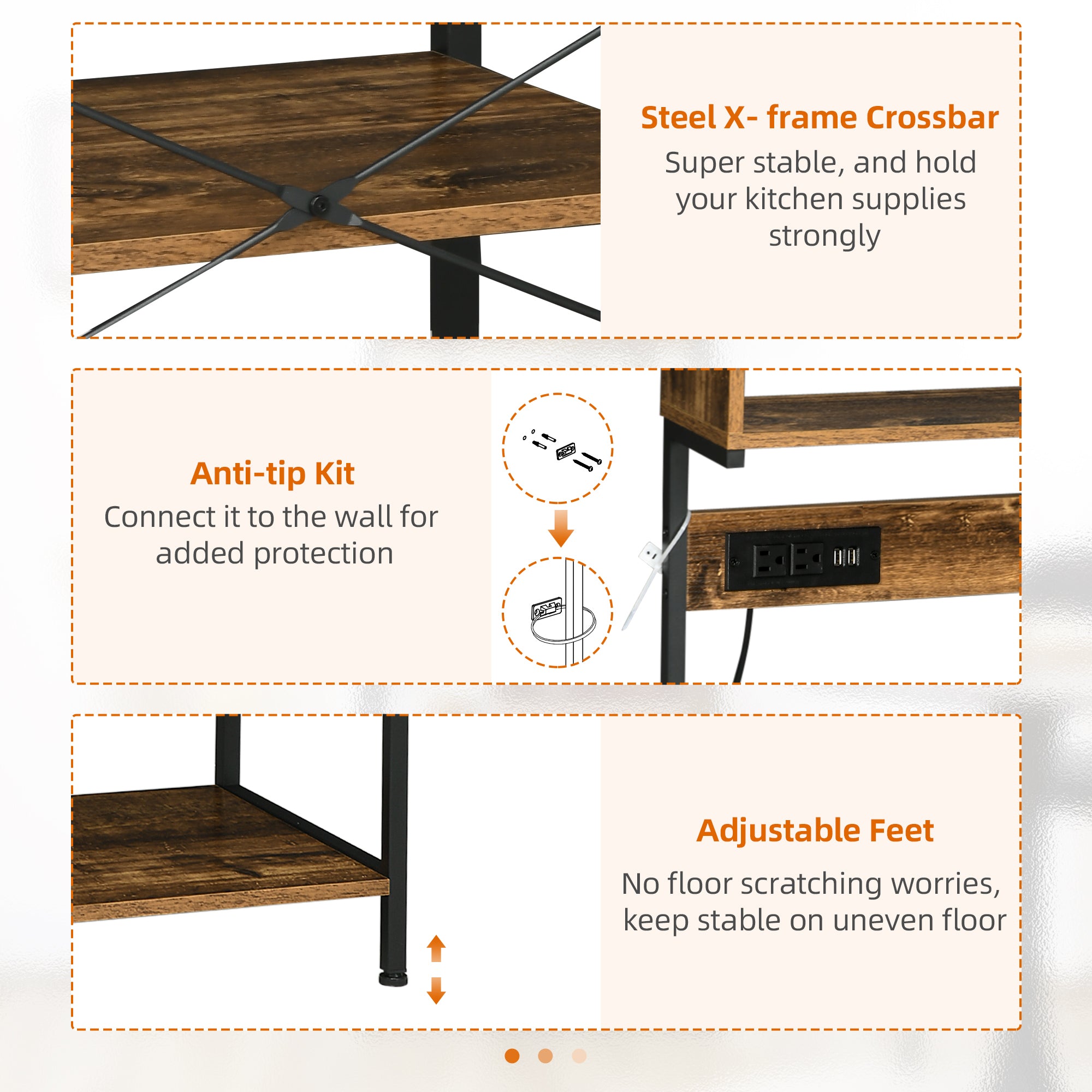 Kitchen Bakers Rack with Power Outlet, USB Charger, Microwave Stand, Coffee Bar with Adjustable Shelves, 5 Hooks for Spices, Pots and Pans, Rustic Brown