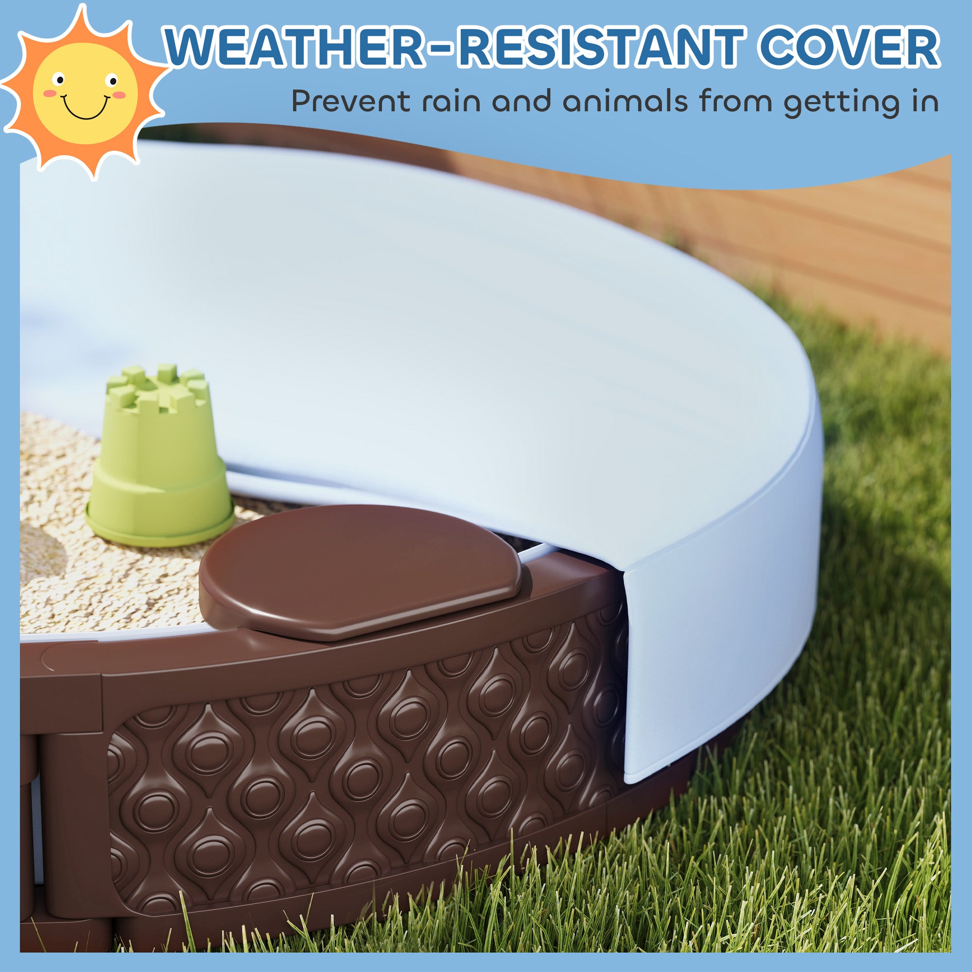 47" Round Kids Sandbox with Cover, 3 Seats, Waterproof Bottom Liner, for Backyard, Lawn, Garden, Beach, Patio, Brown