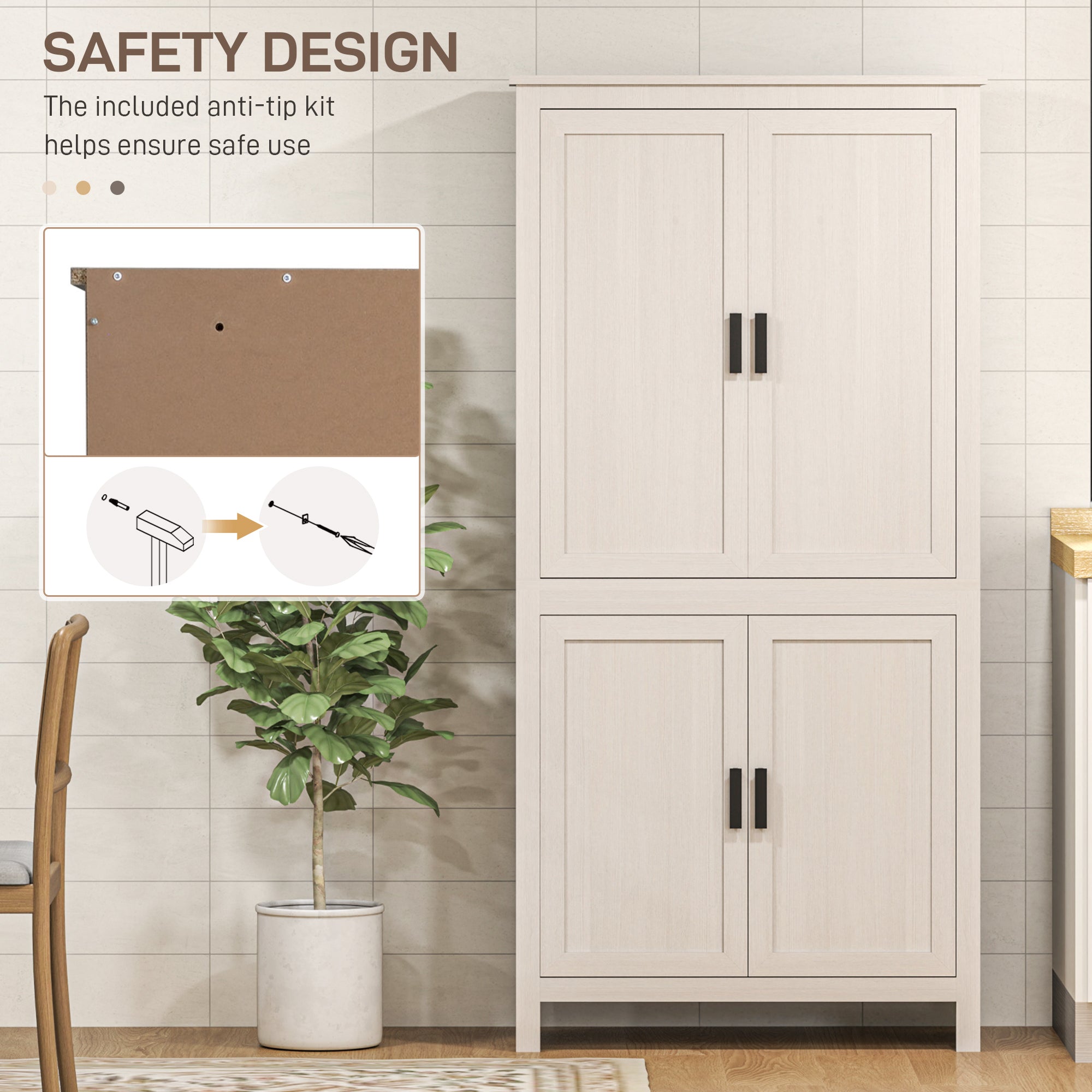 64" 4-Door Kitchen Pantry, Freestanding Storage Cabinet with 3 Adjustable Shelves for Kitchen, Antique White