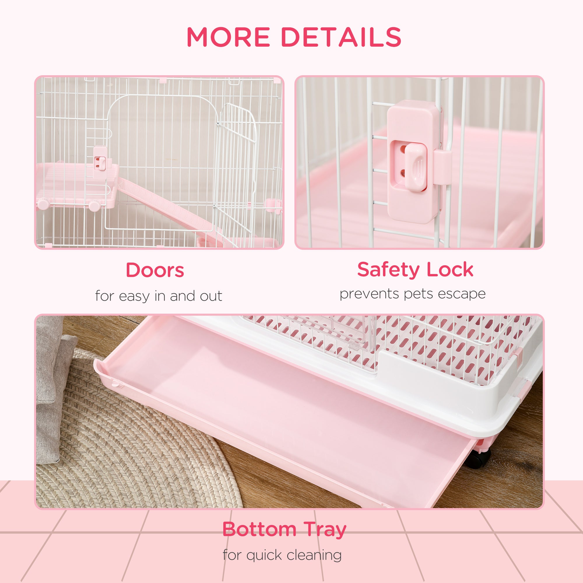 32"L 4-Level Small Animal Cage Rabbit Hutch with Wheels, Slide-out Tray for Bunny, Chinchillas, Ferret, Pink - Pink - Image 7