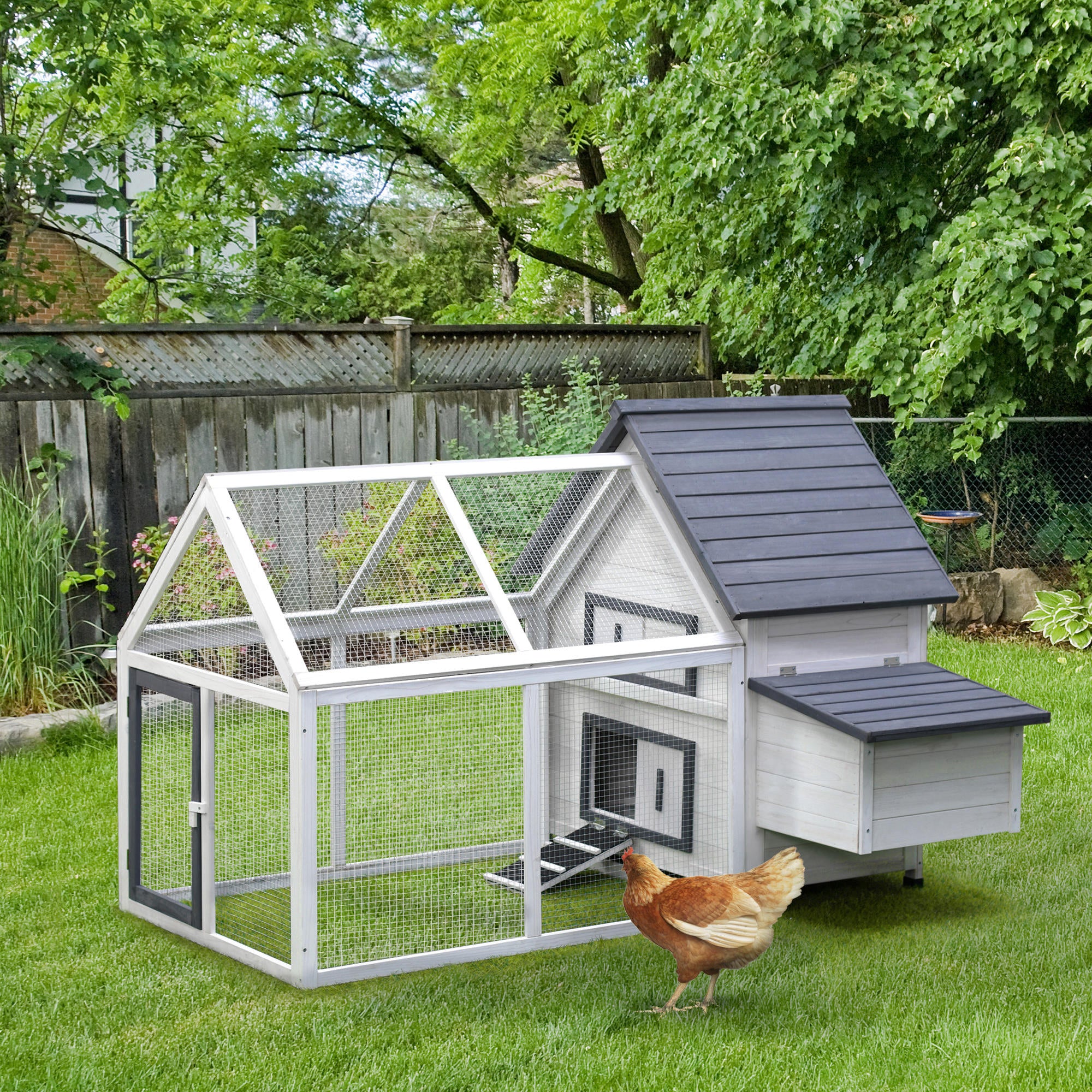 65" Chicken Coop Wooden Chicken House Rabbit Hutch Poultry Cage Hen Pen Backyard with Nesting Box, Ramp, Run - Dark Gray - Image 2