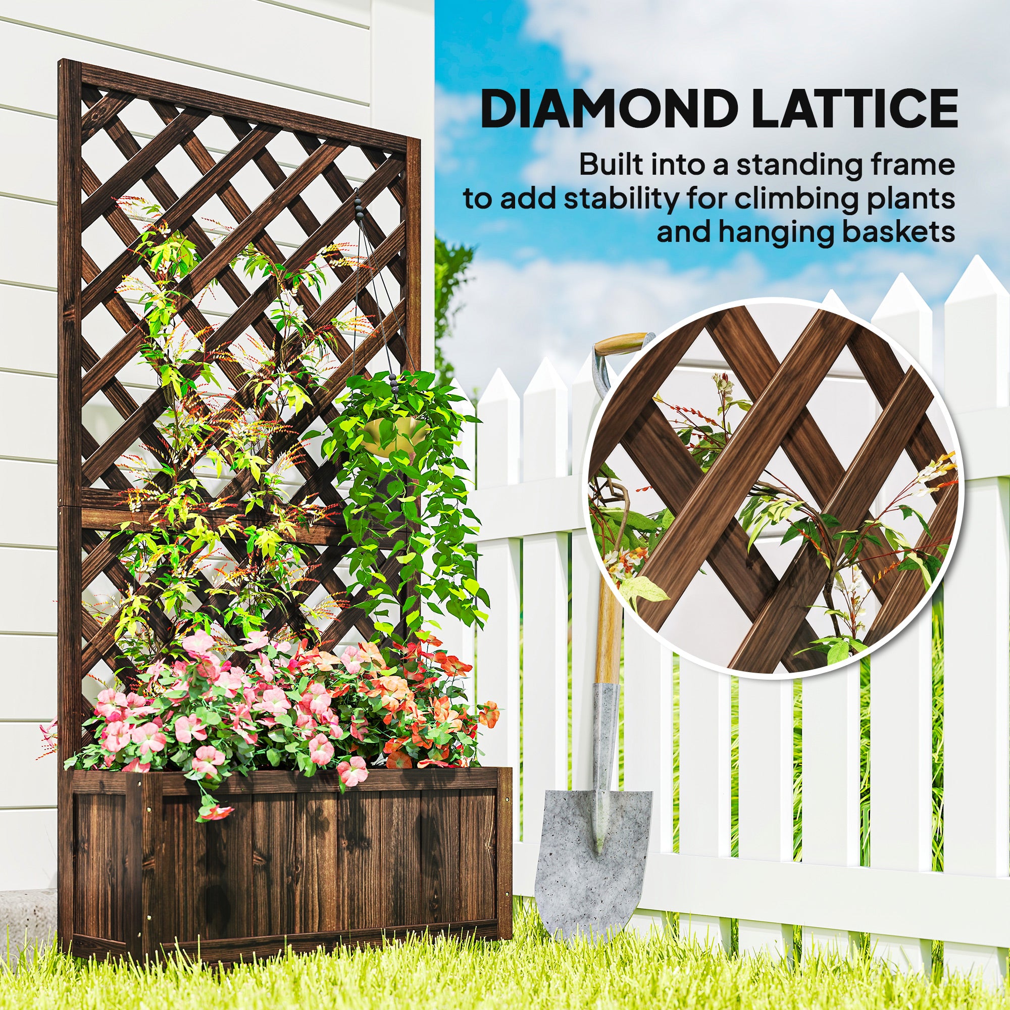 Wooden Raised Garden Bed Planting Planter Box with Trellis and Drain Holes for Climbing Vine Plants, Brown - Brown - Image 4