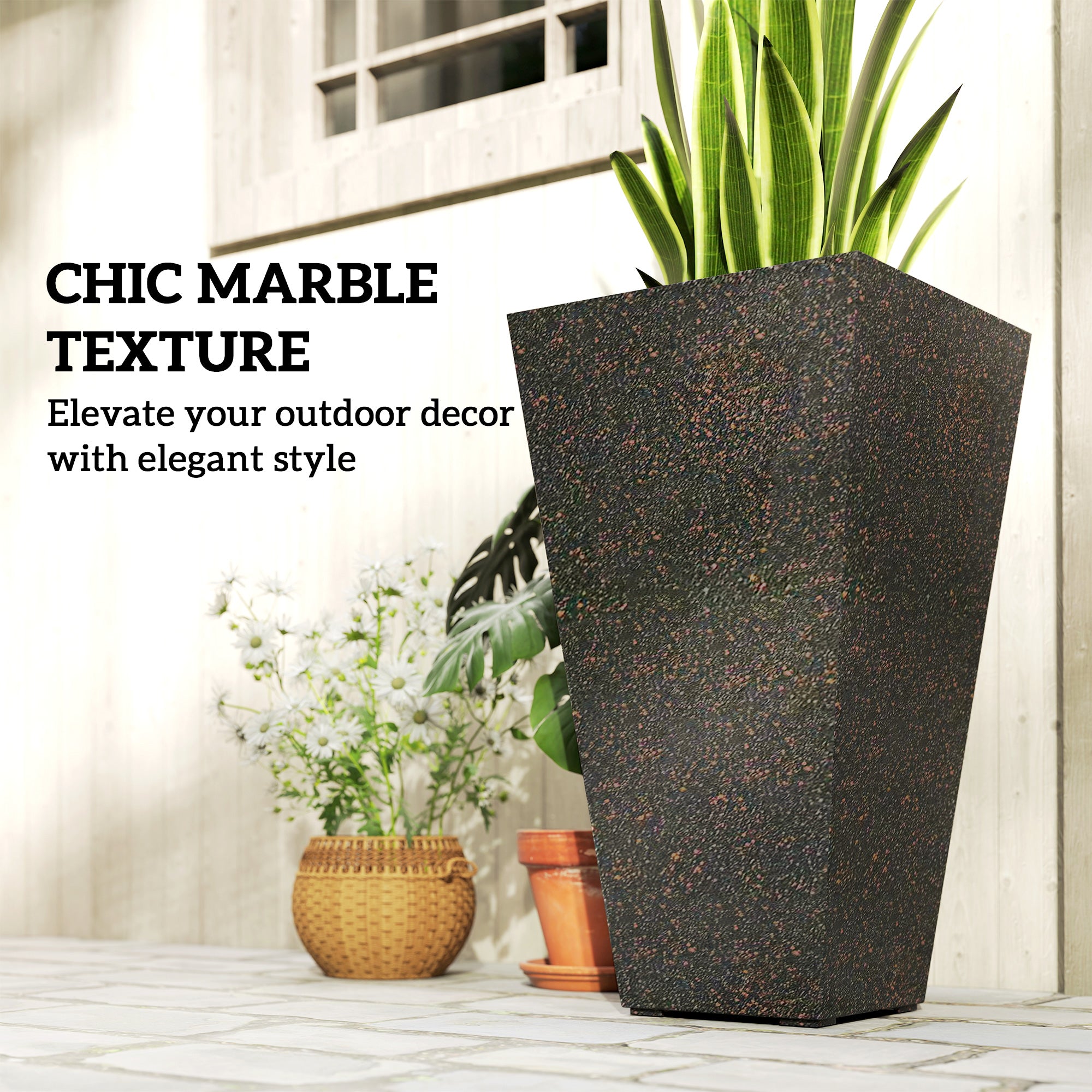 28" Tall Planters, Set of 3 Plastic Flower Pots with Marble Finish and Drainage Holes, Stackable Taper Planters, Brown - Brown - Image 5