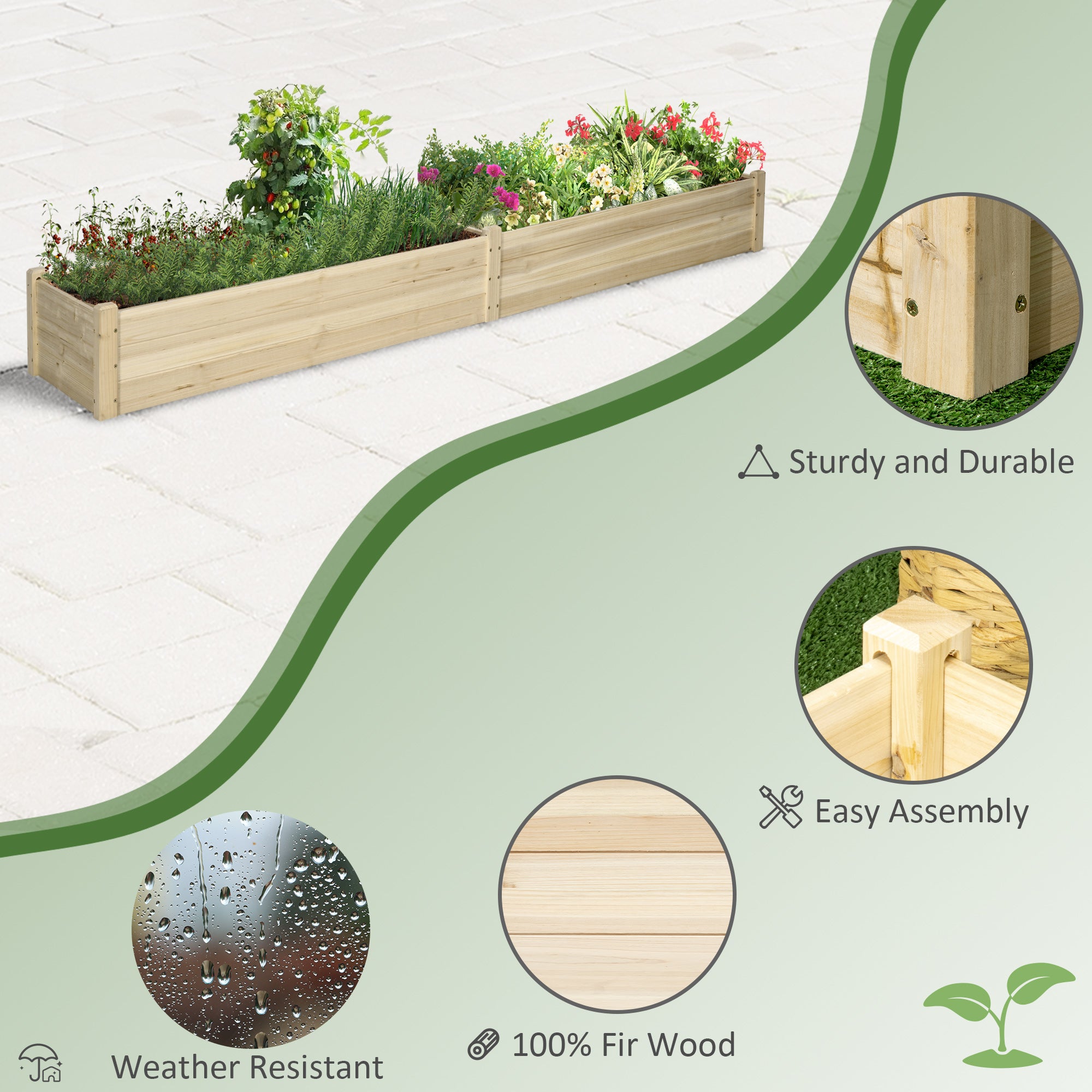 96" x 24" x 10" Wooden Raised Garden Bed with 2 Planter Boxes and Non-woven Fabric Liner for Patio, Natural - Natural wood finish - Image 7
