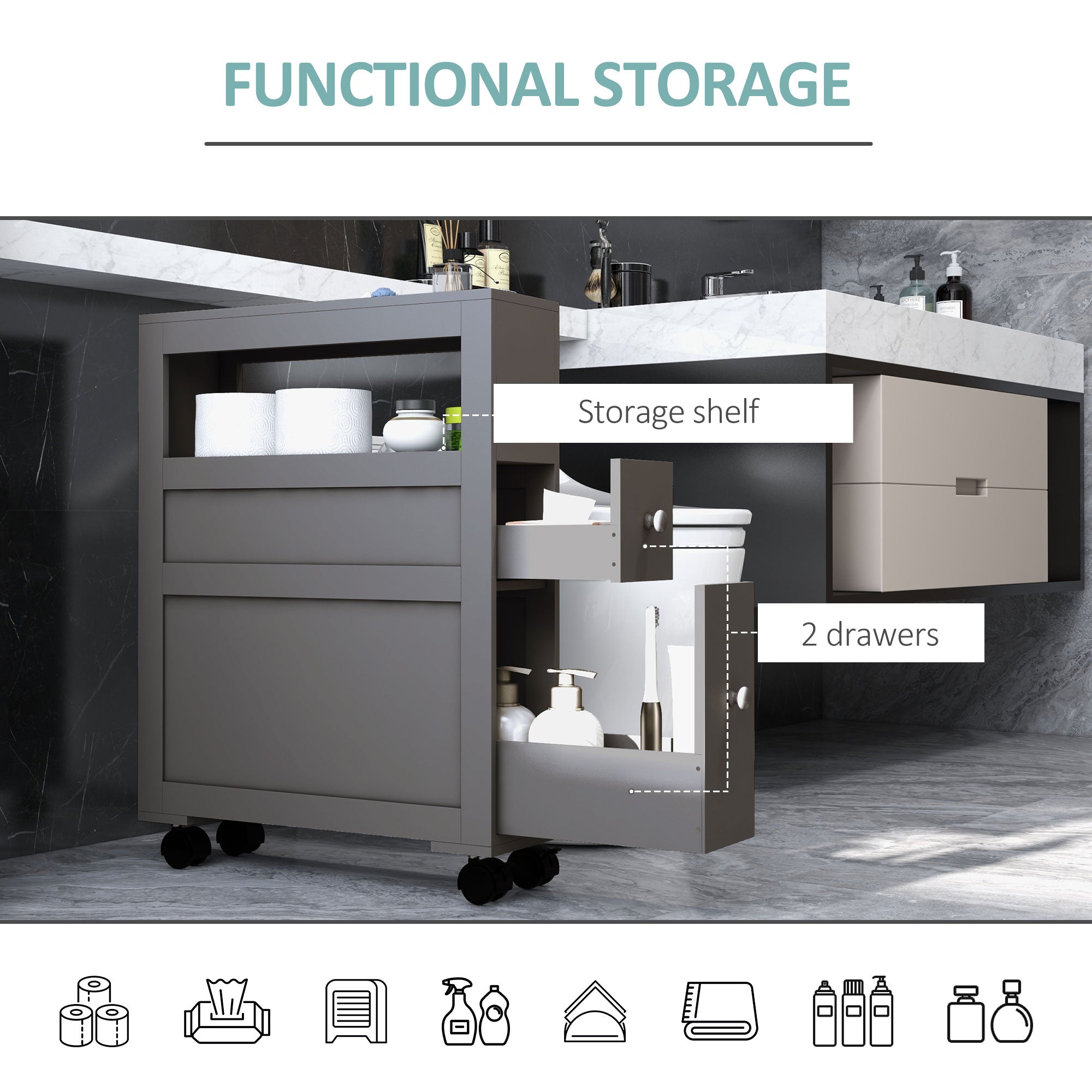 Space Saving Narrow Bathroom Storage Cabinet, Bath Toilet Paper Holder with Drawers and Rolling Wheels, Gray