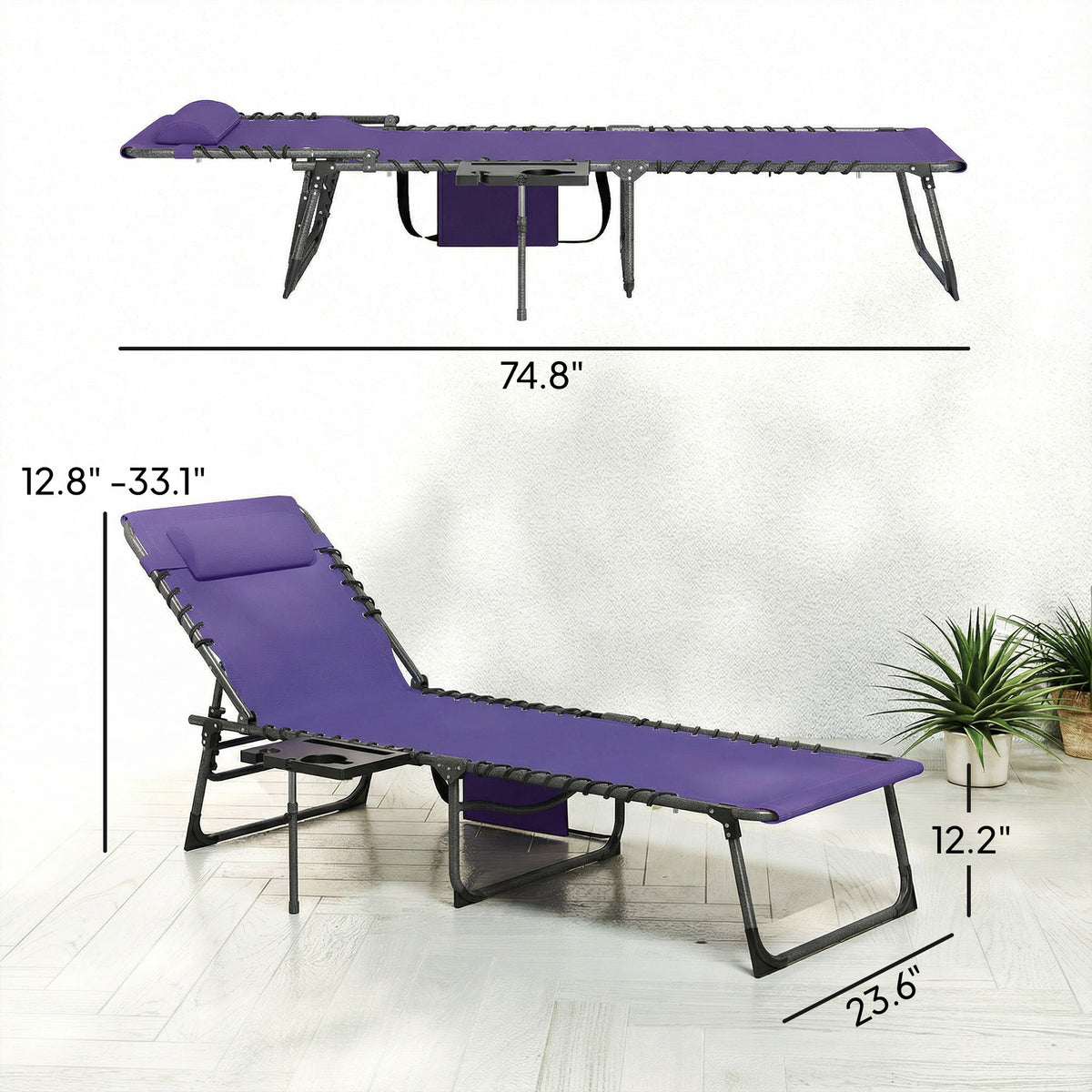 Folding Outdoor Chaise Lounge Chair Tanning Chair with 5-Level Adjustable Back, Side Table, Pillow, Pocket, Purple