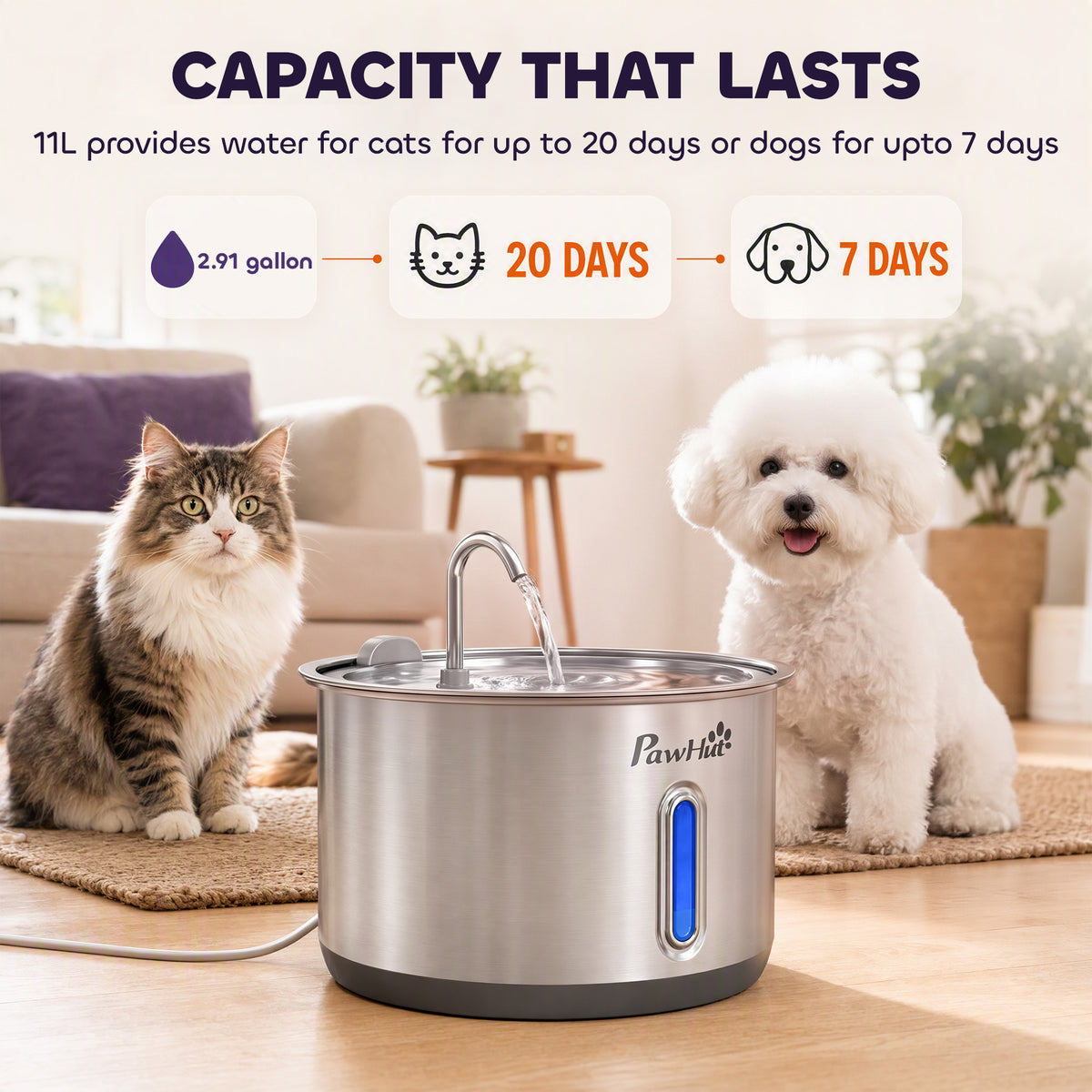 372 oz/11L Cat Water Fountain with Stainless Steel, 4-Stage Filtration, Quiet Pump, Visual Level Window, Low Water Alert