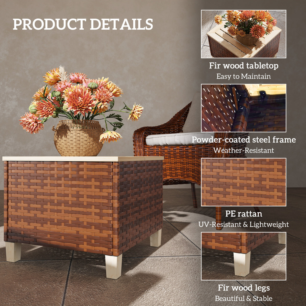 Outdoor Side Table with PE Rattan, Patio End Table with Natural Fir Wood Tabletop and Legs, Weather Resistant Accent Table for Patio Pool Porch, Brown