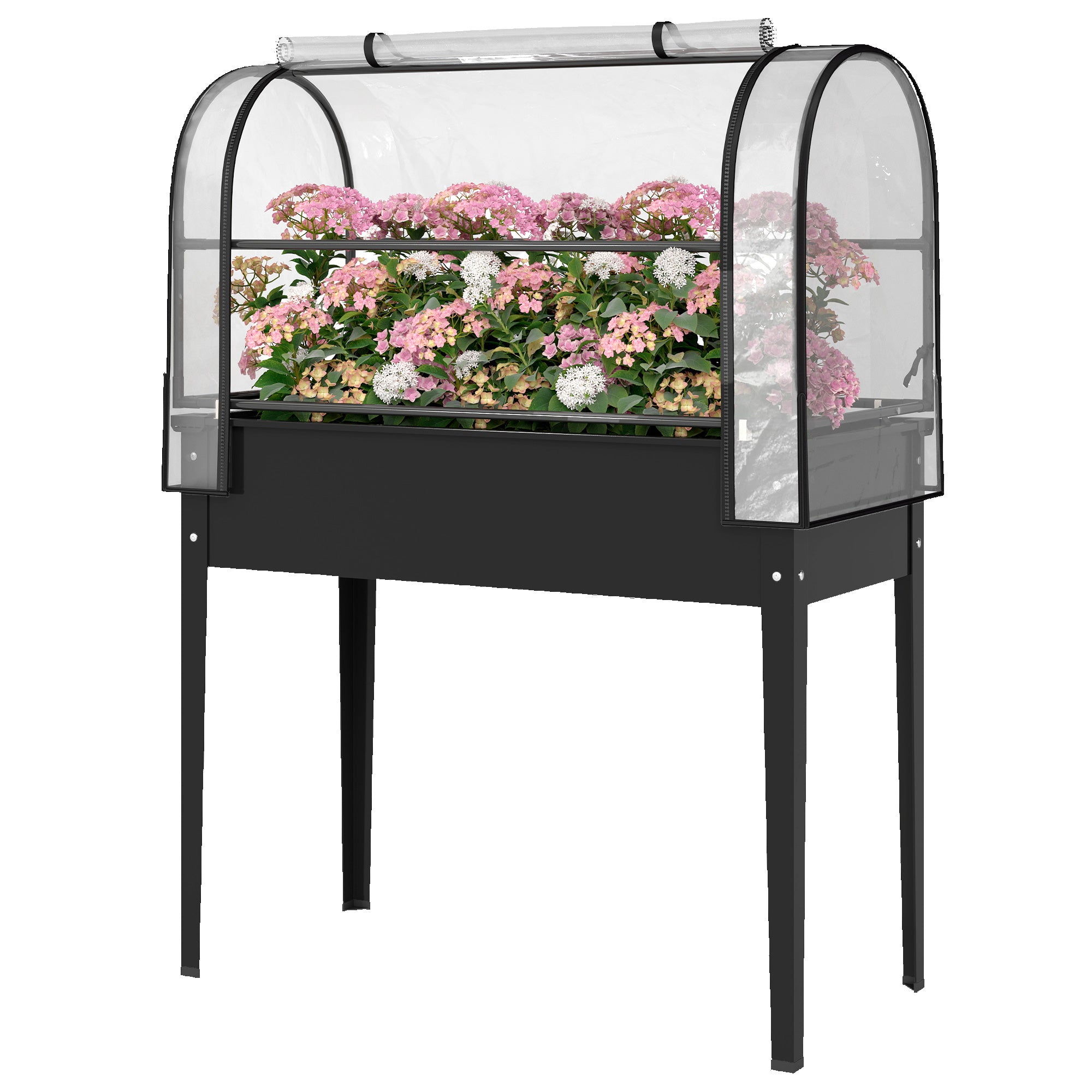 Raised Garden Bed with Flip-Up Greenhouse Cover, Metal Elevated Garden Bed with Legs and Drainage Hole, Black - Black