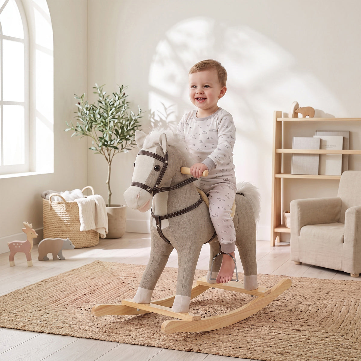 Rocking Horse, Back and Forth Rocking, Ride on Horse Toy with Sound Effects, for 12-36 Months Toddlers, Gray