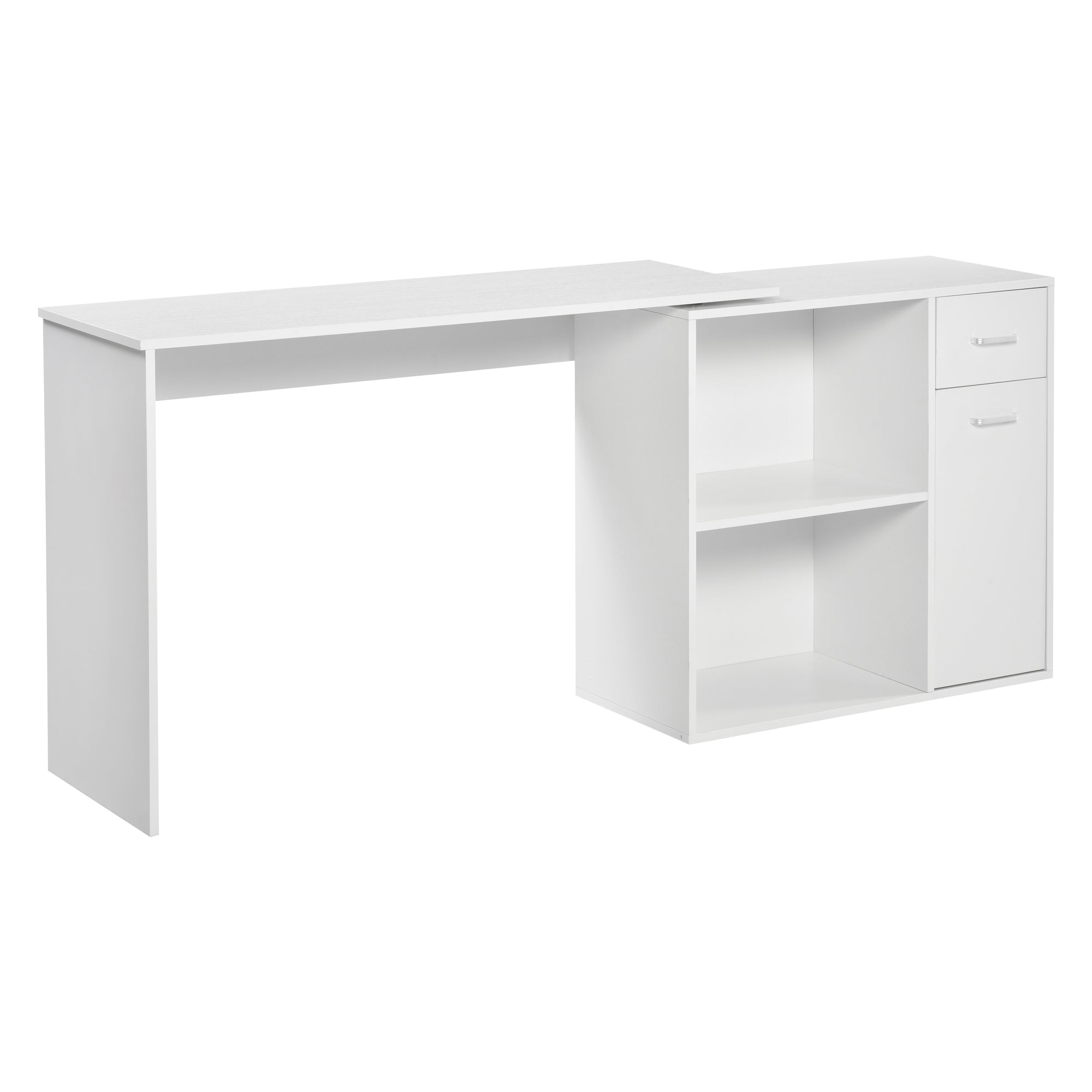 L Shaped Computer Desk, 180° Rotating Corner Desk with Storage Shelves, Drawer and Cabinet, Study Workstation for Home Office, 47.25"x19.75"x 53.75", White