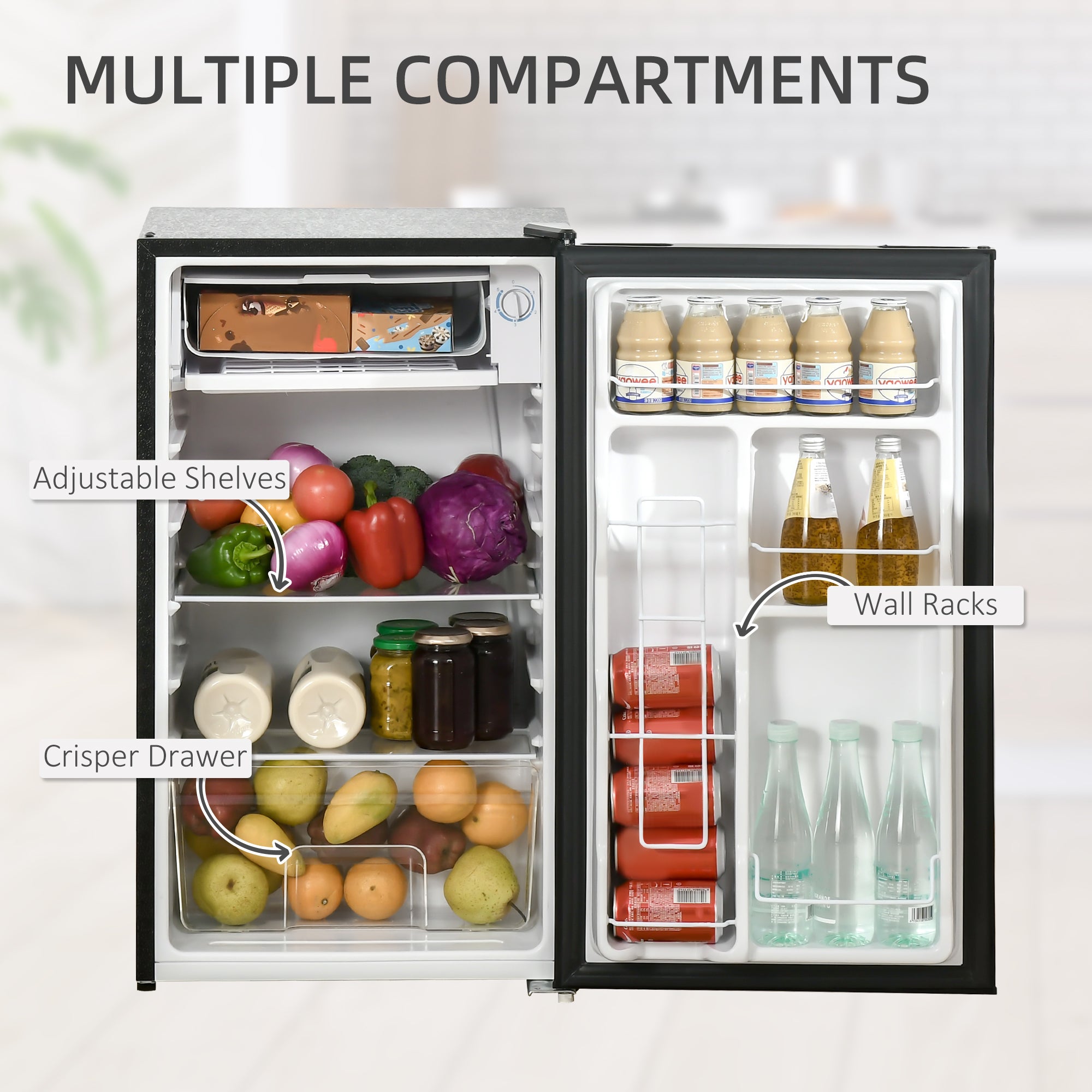 3.2 Cu.Ft Mini Fridge with Freezer, Compact Refrigerator with Adjustable Thermostat, Shelf and Single Reversible Door for Bedroom, Dorm, Home Office, Energy Efficient, Black