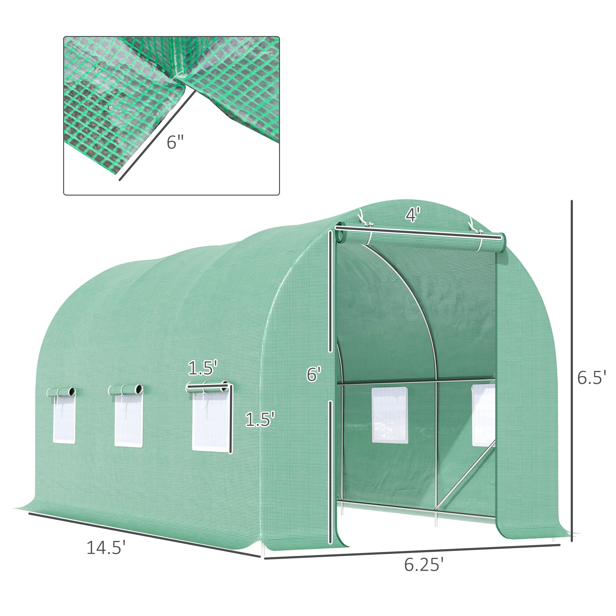 15' x 7' x 7' Walk-in Tunnel Hoop Greenhouse, Green House for Outside with PE Cover, Steel Frame, Roll-Up Zipper Door & Windows for Flowers, Vegetables, Tropical Plants, Green - Green - Image 3