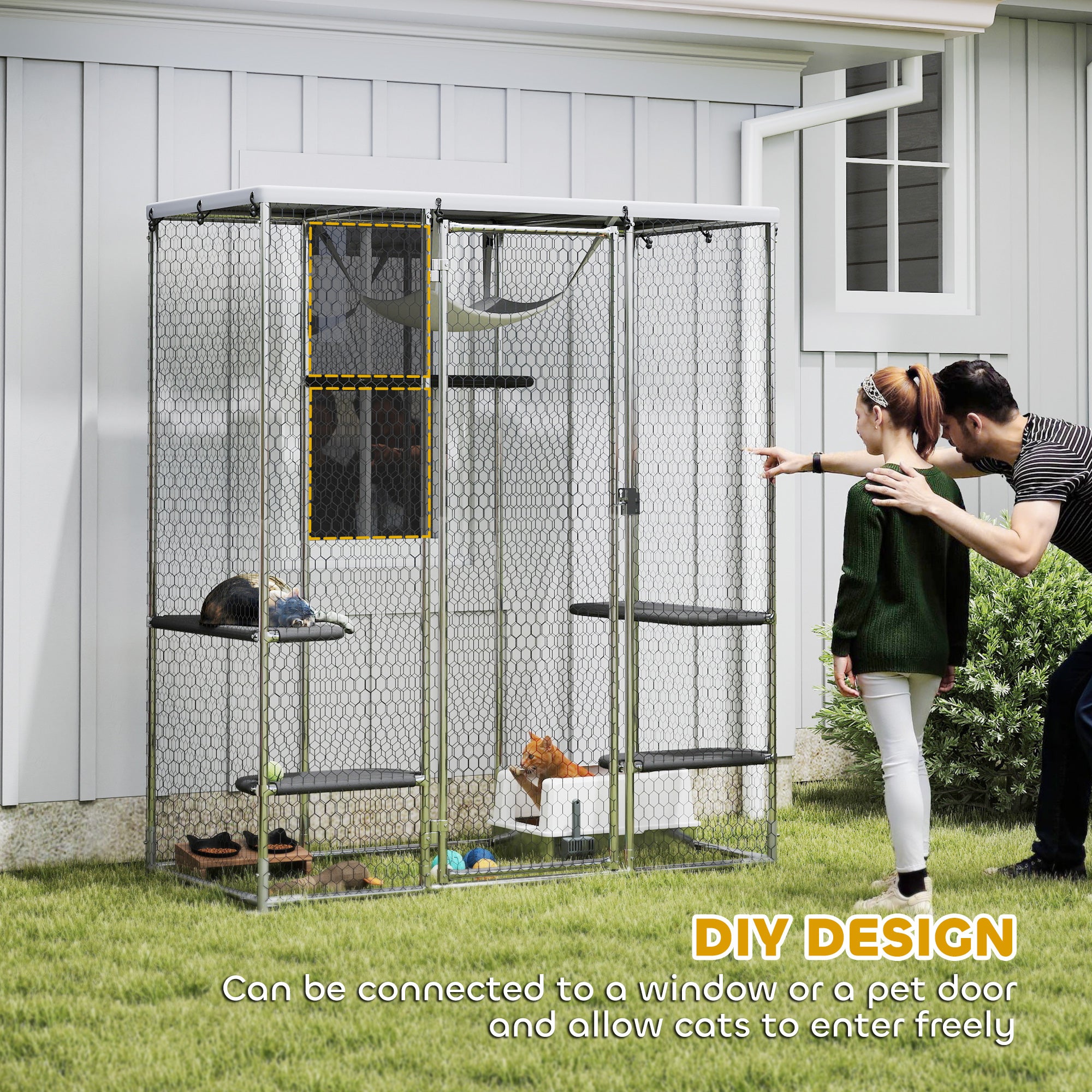 Catio Outdoor Cat Enclosure, Galvanized Steel Walk-in Cat Cage with Waterproof Cover, 5 Adjustable Platforms, Hammock - Silver - Image 8