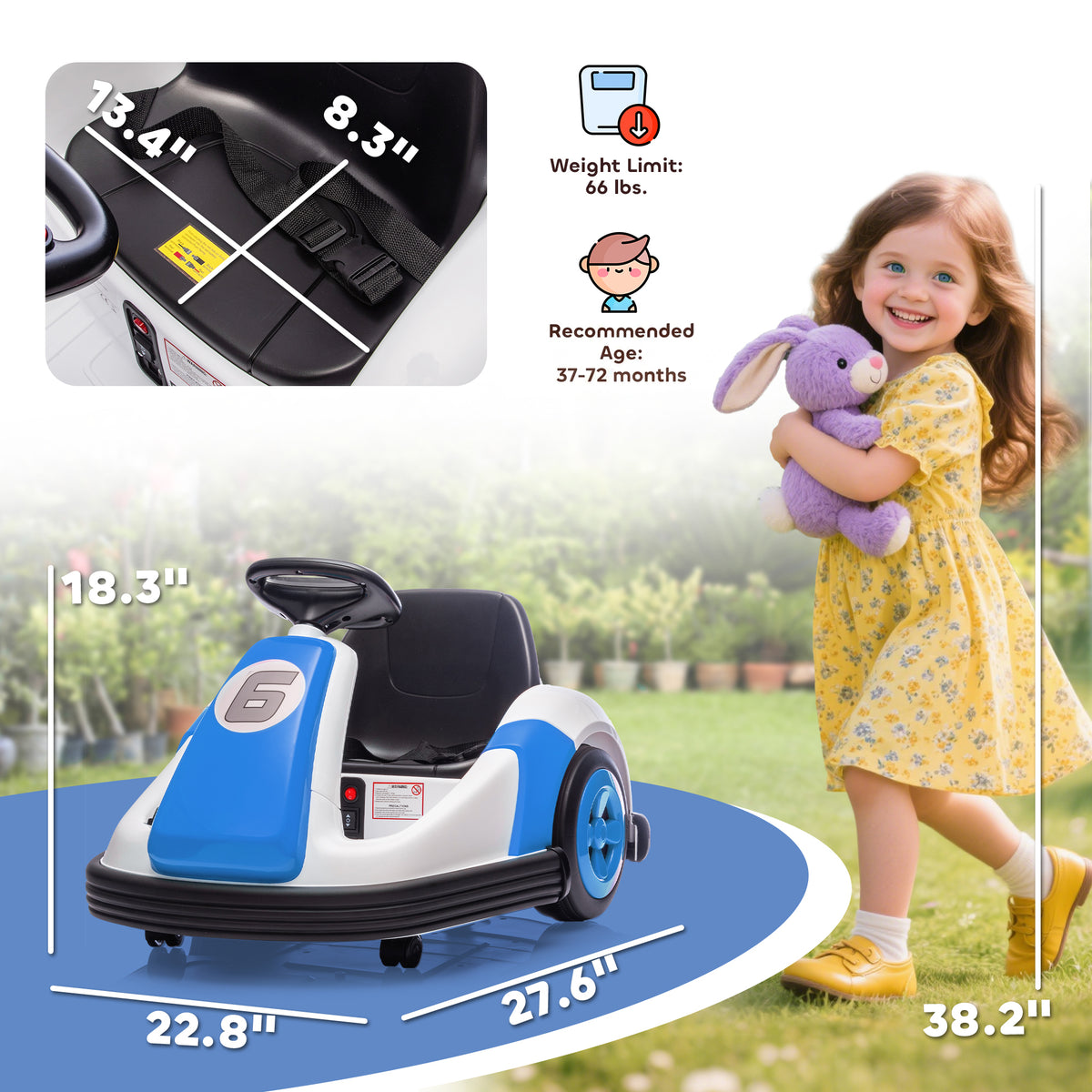 6V Kids Bumper Car with Big Wheels, Electric Car for Kids with 360-Degree Spin, Slow Start, for 37-72 M, Blue