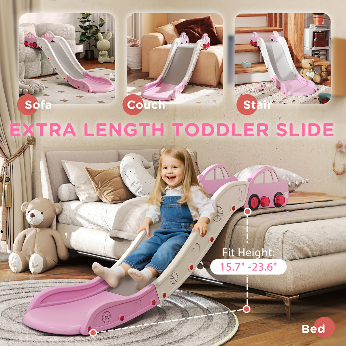Extra Length Toddler Slide for Bed, Sofa, Easy to Assemble, Pink