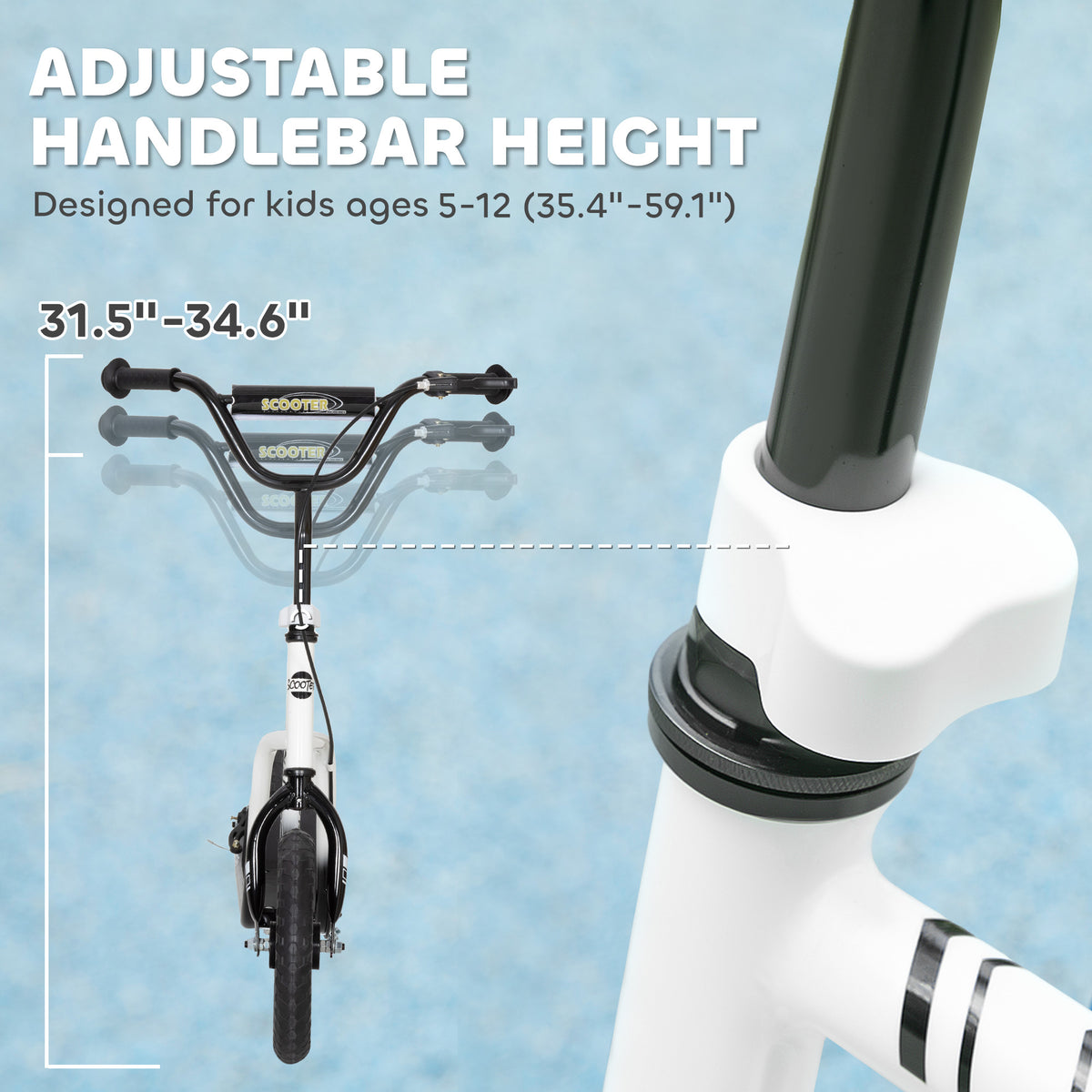 Kids Scooter, Lightweight Scooter with Adjustable Handlebar, Rear Brake, Kickstand, 12" EVA Wheels, for 5-12 Y, White