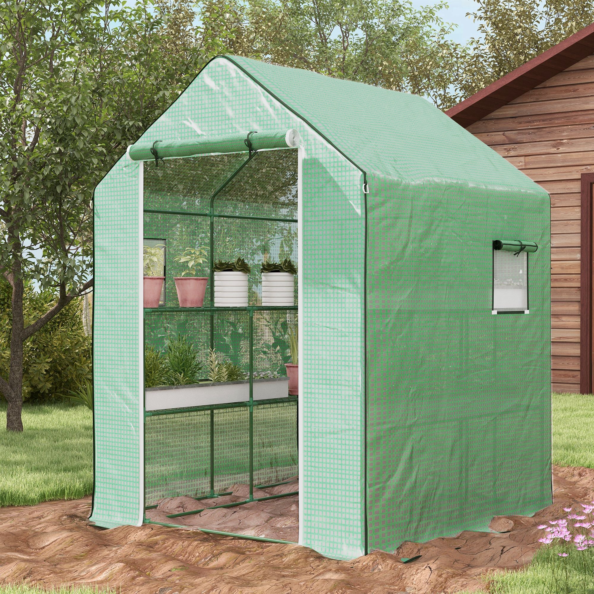 4.6' x 4.7' Portable Greenhouse, Water/UV Resistant Walk-In Small Outdoor Green House with 2 Tier U-Shaped Flower Rack Shelves, Roll Up Door & Windows, Green - Green - Image 2