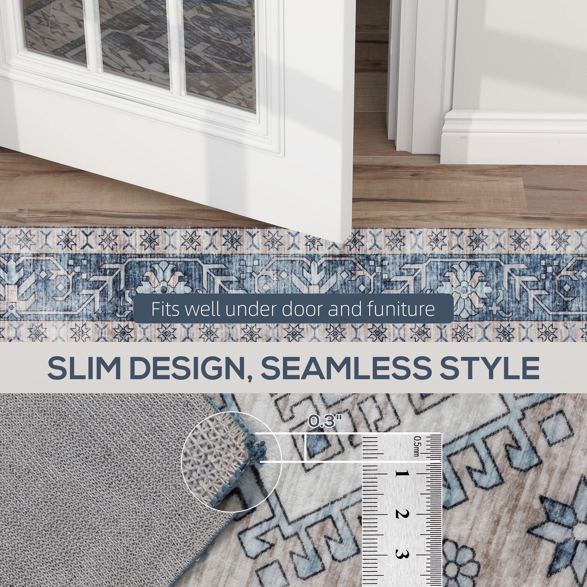 4x6 Area Rug, Vintage Washable Rug, Non-Slip Floor Carpet for Living Room, Bedroom, Dining Room, Blue