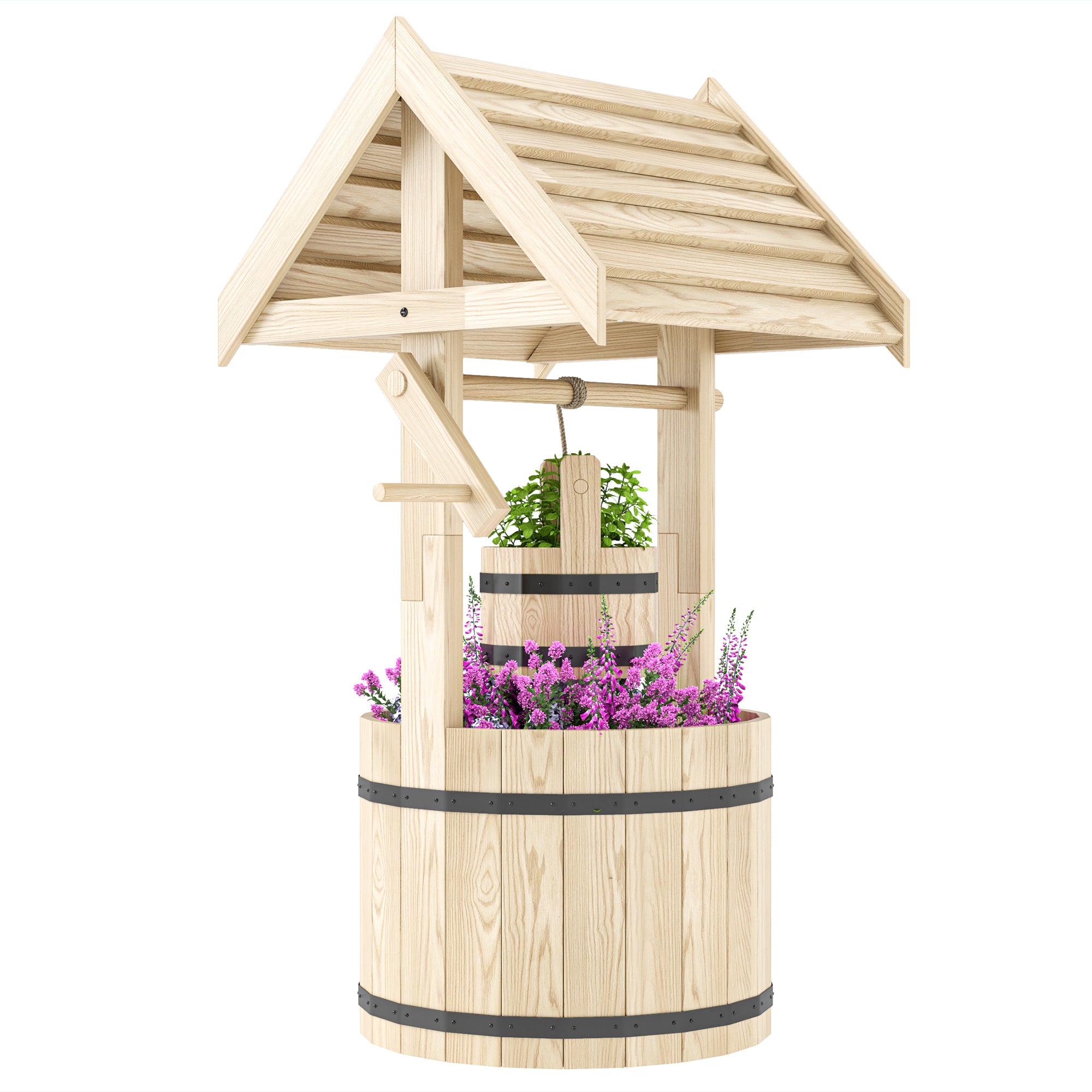 Wood Wishing Well for Outside with Hanging Bucket, Wishing Well Planter with Drain Hole for Garden Patio, Natural - Natural Wood