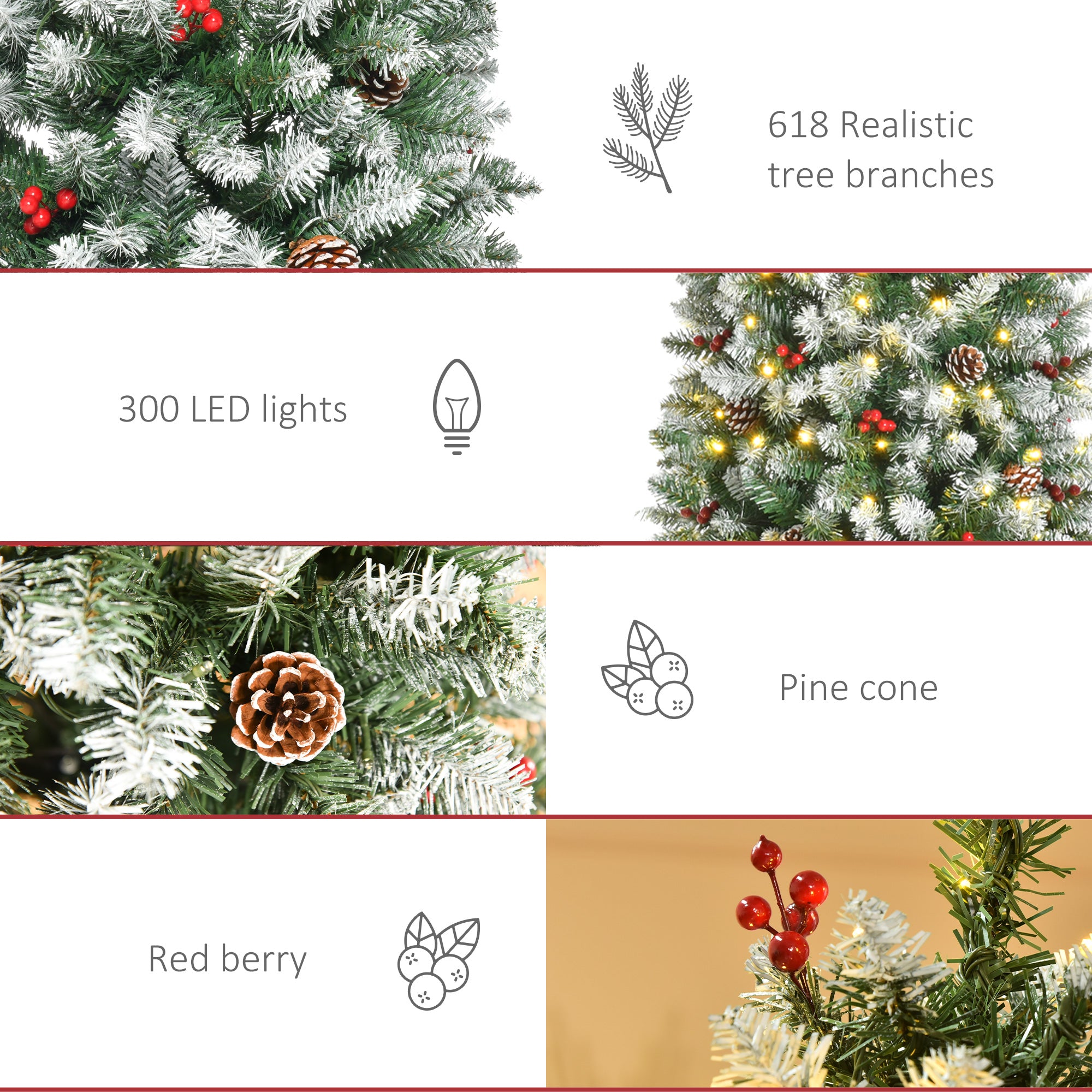 6ft Pre-Lit Snow-Dipped Artificial Christmas Tree with Realistic Branches, 300 LED Lights, Pine Cones, Red Berries and 618 Tips