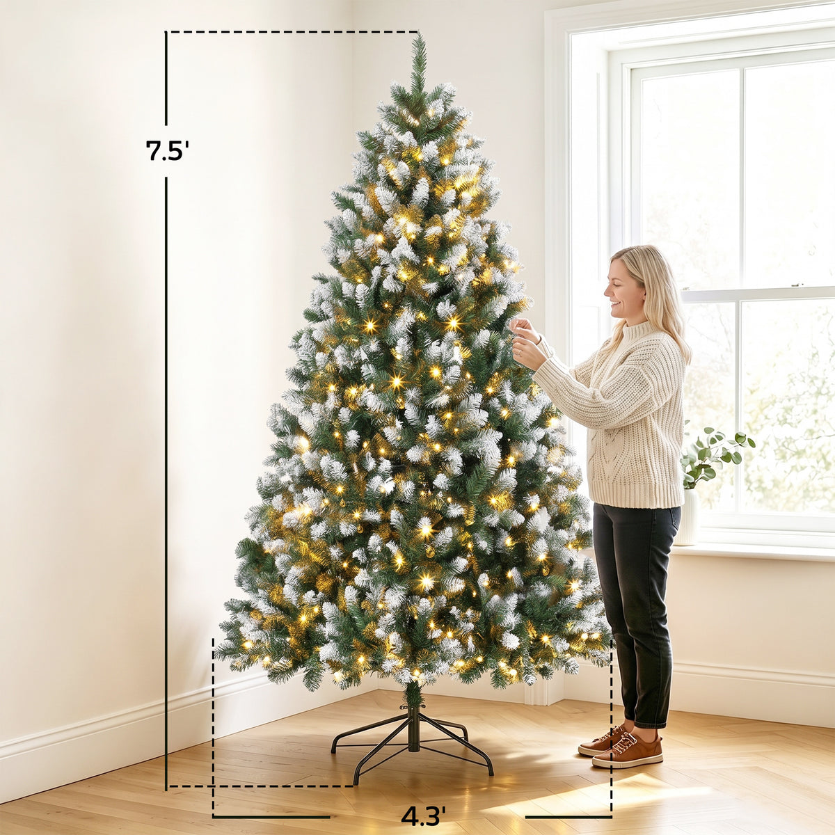7.5ft Pre-lit Artificial Christmas Tree White-Tipped Hinged Full Xmas Tree with 1378 Tips