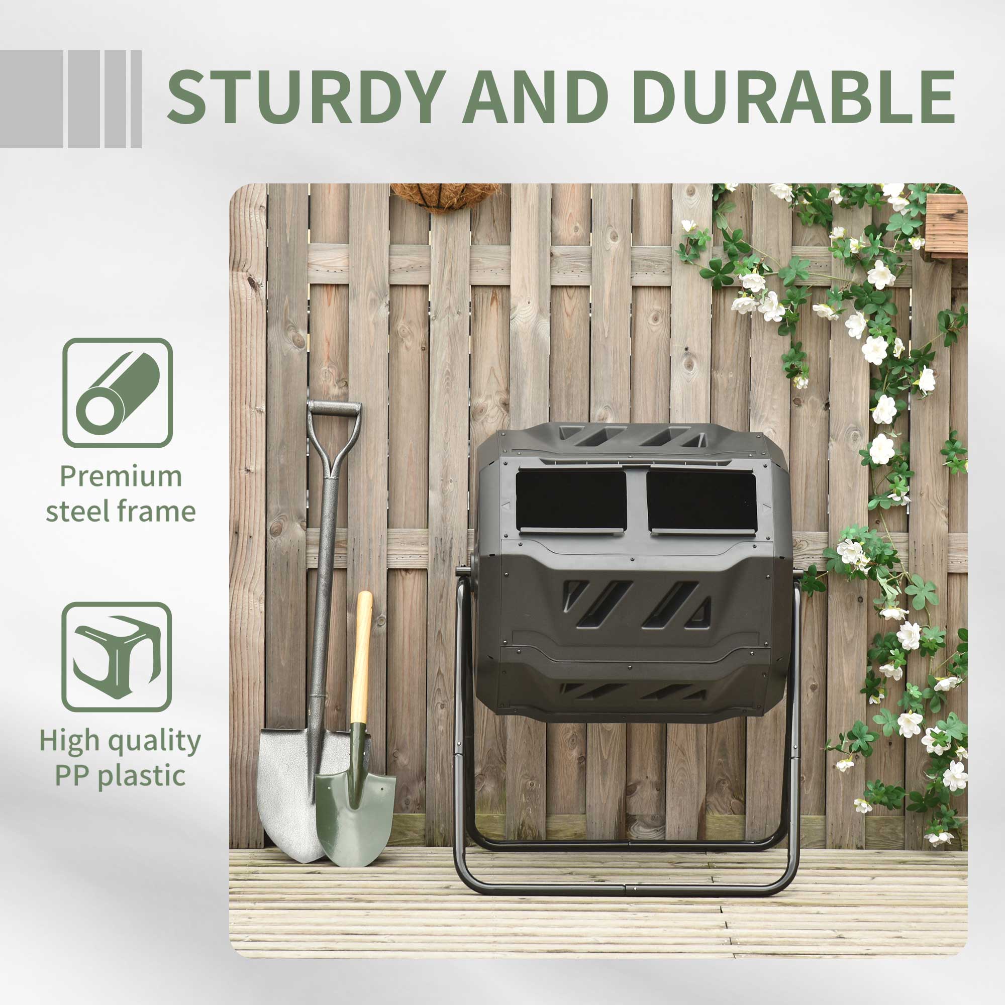 Tumbling Compost Bin Outdoor 360° Dual Chamber Rotating Composter 43 Gallon, Green - Green - Image 7