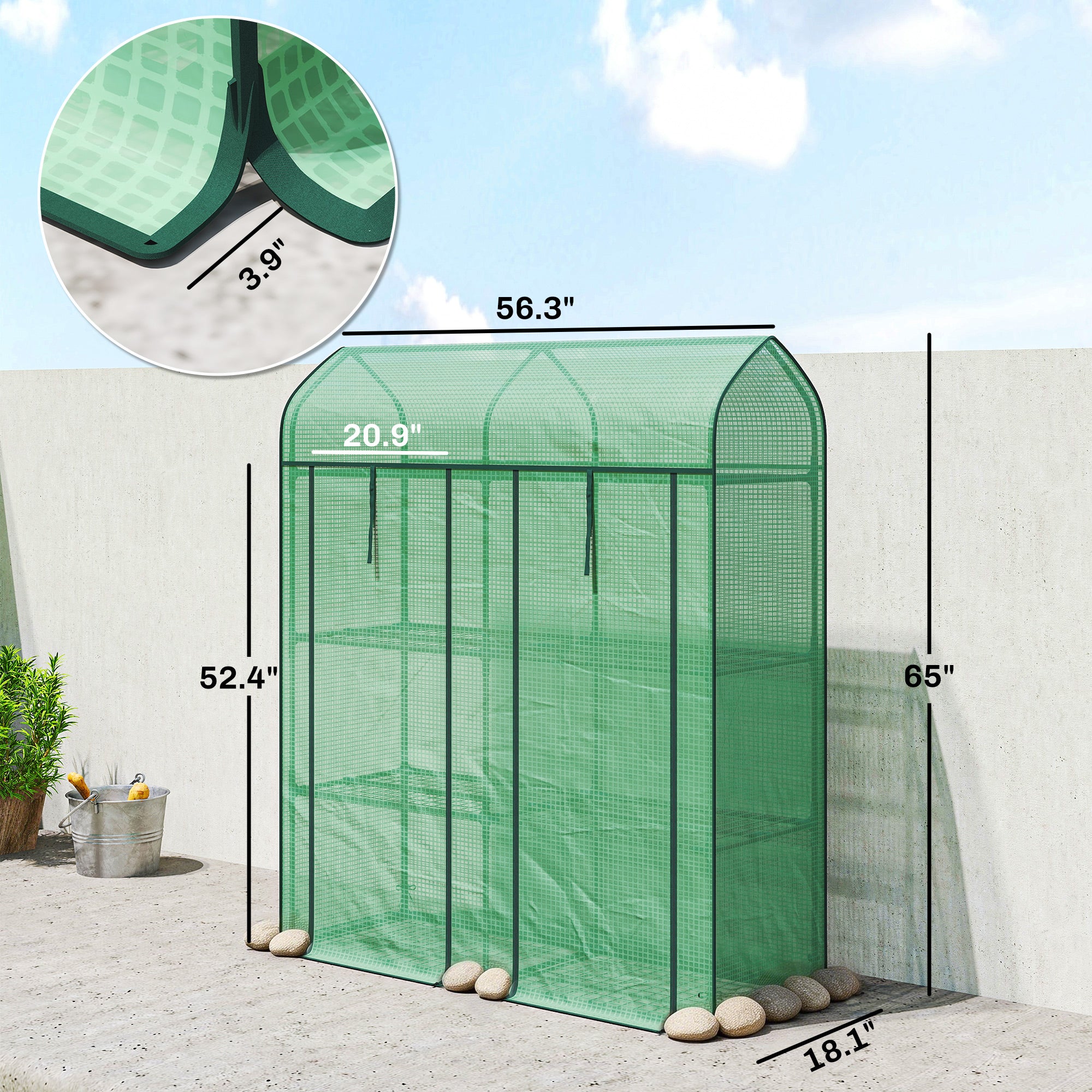 3 Tier Mini Greenhouse, Small Portable Greenhouse with 2 Roll-up Doors, 56.3" x 18.1" x 65", Green - Green - Image 3