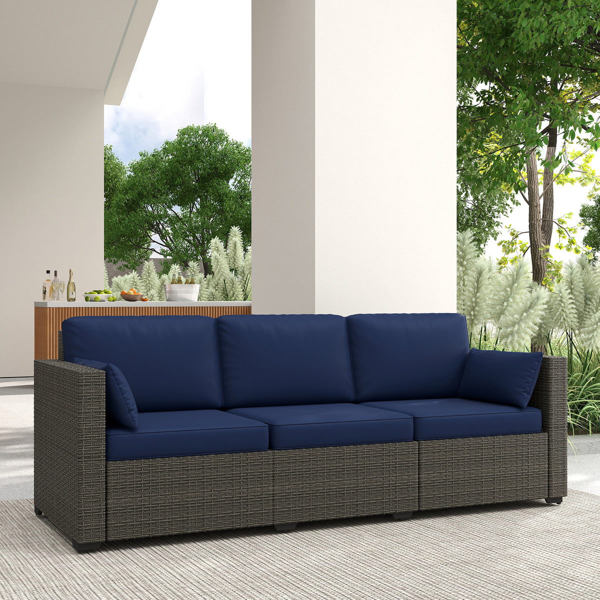 Patio Couch PE Wicker Deep Seating Outdoor Sofa with Removable Cushions, 3 Seater Rattan Sofa, Navy Blue