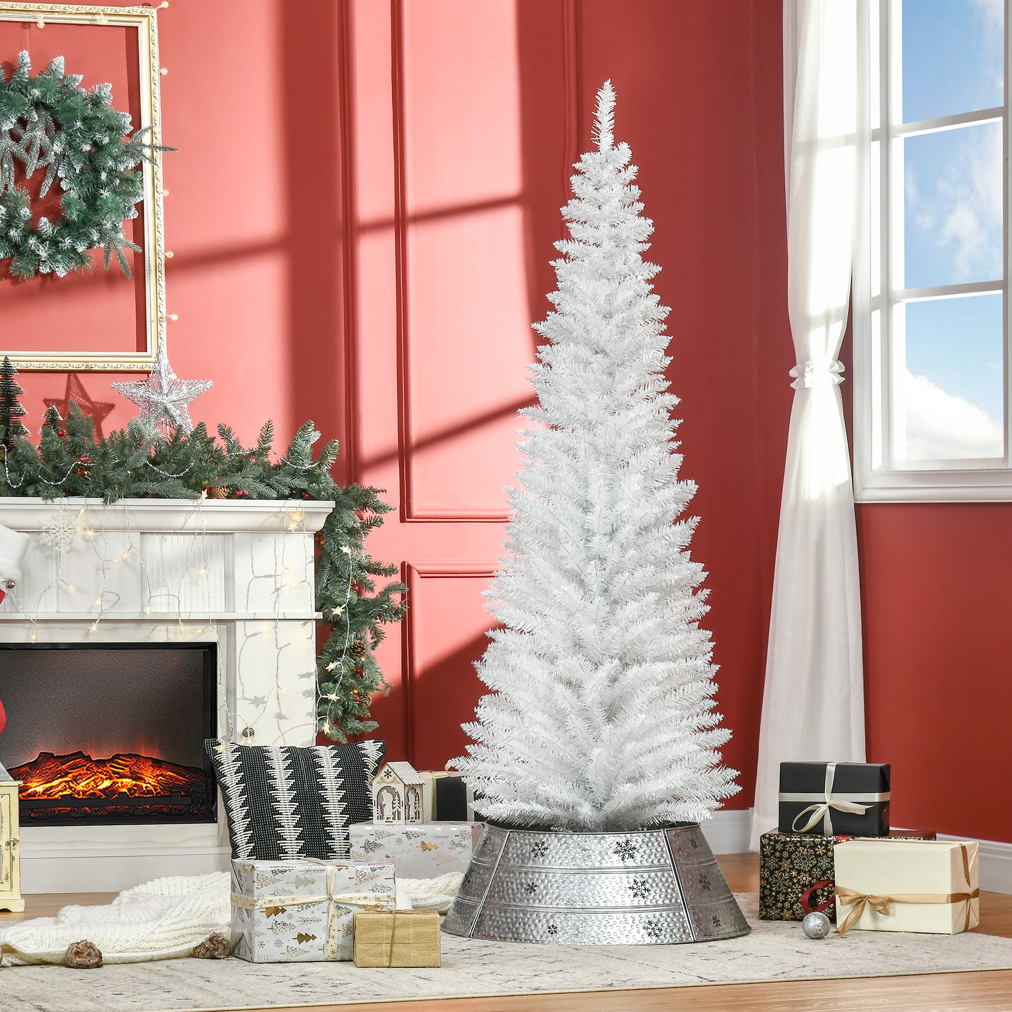 6' Artificial Pencil Christmas Tree, Slim Xmas Tree with 390 Realistic Branch Tips and Plastic Stand, White