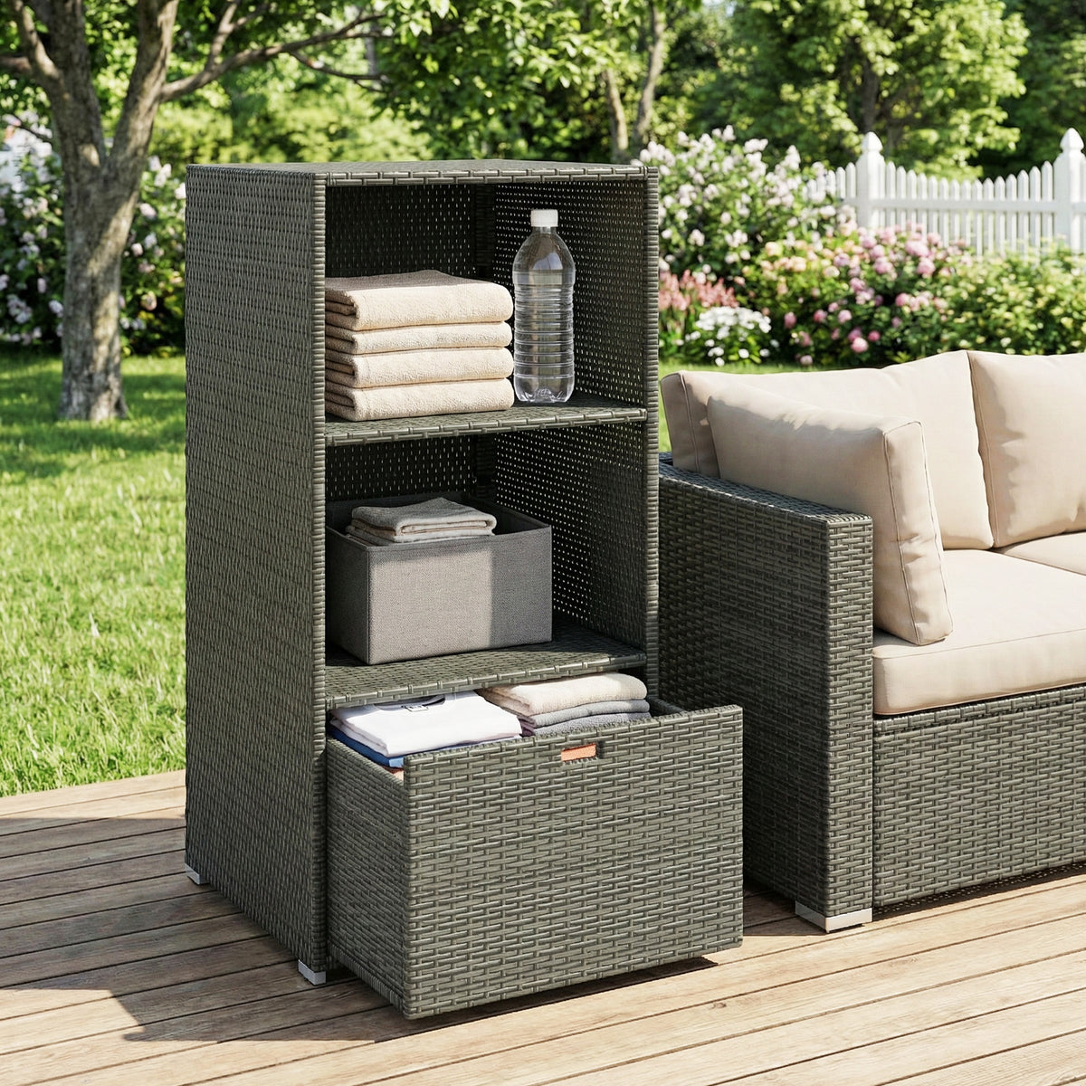 Valet Pool Towel Rack, Water-Resistant PE Plastic Rattan Wicker Storage Organizer, 2 Shelves, 1 Basket Drawer, Dark Gray