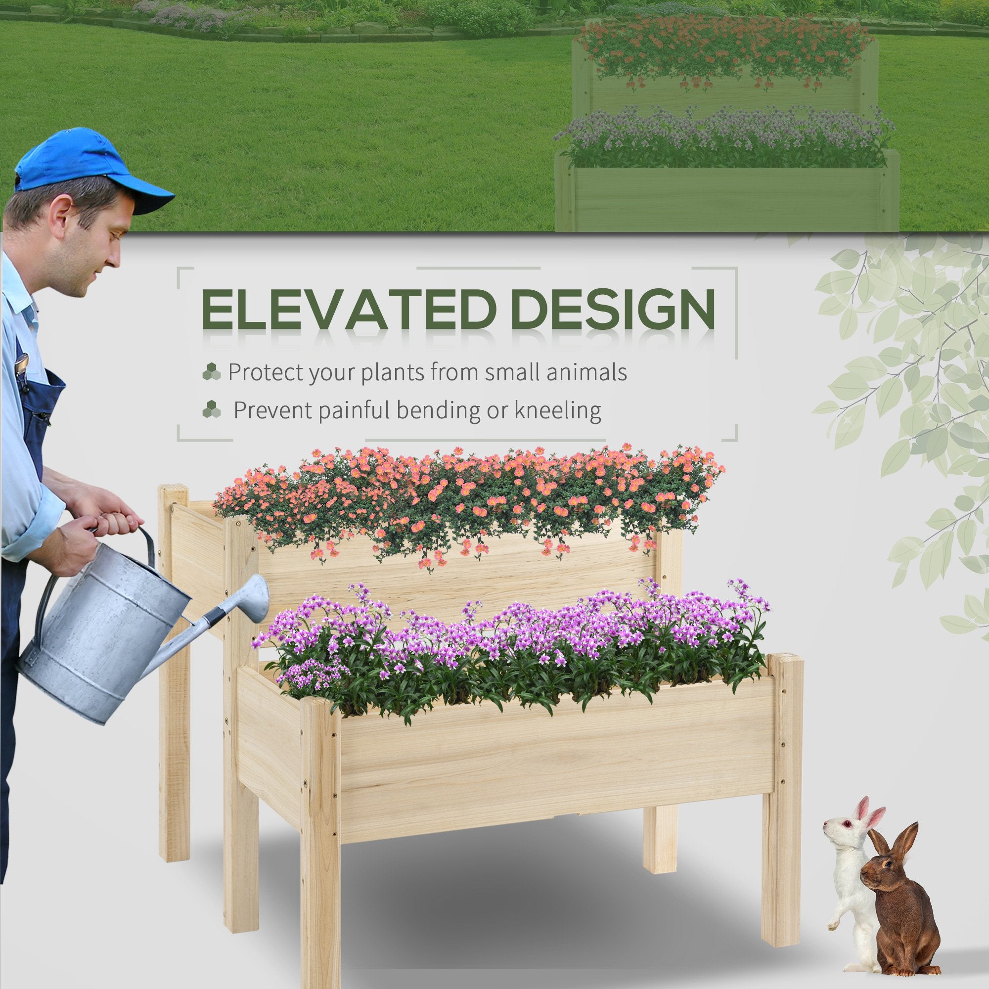 Raised Garden Bed, 2-Tier Wood Planter Stand Plant Grow Box, 34"x34"x28" - Natural - Image 4