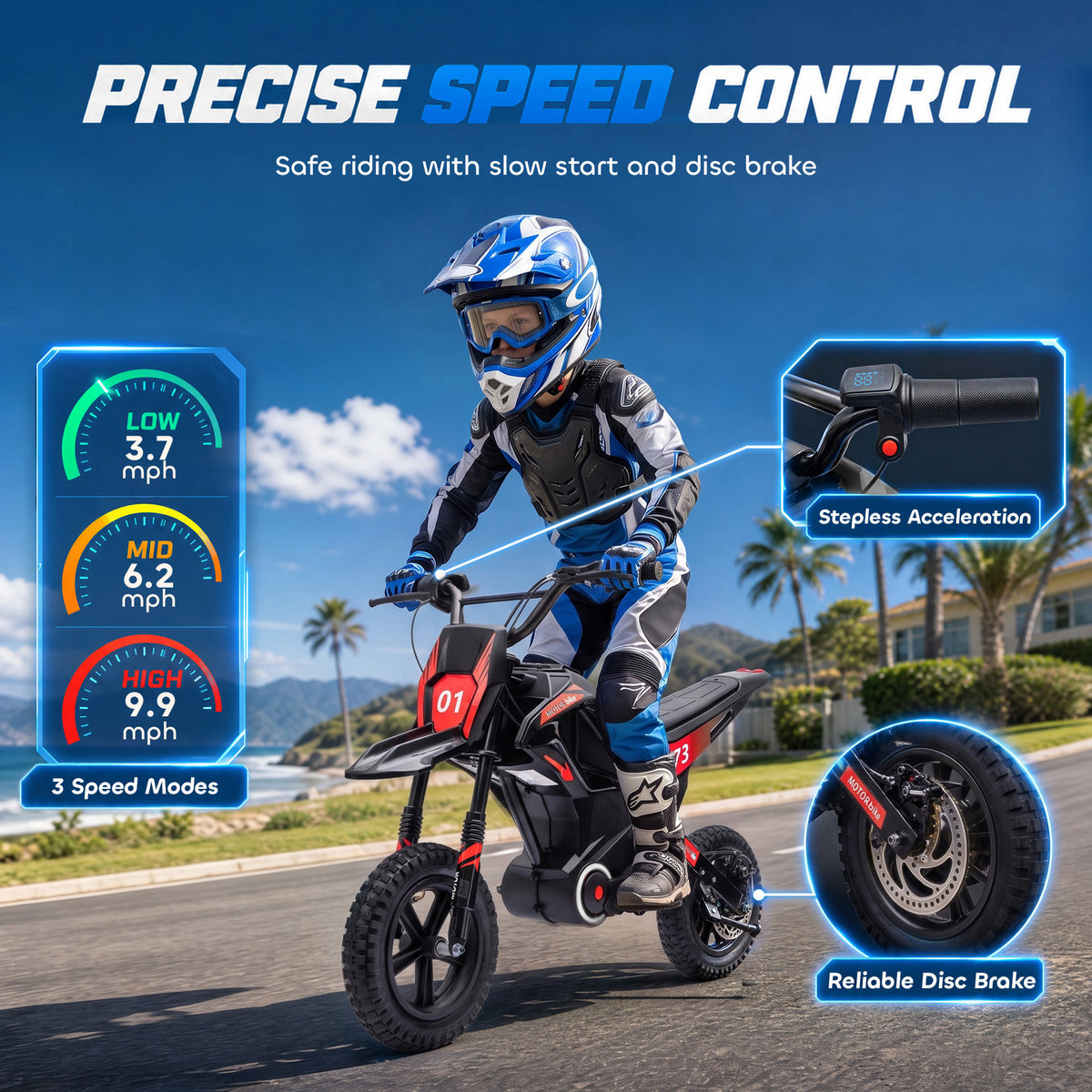 24V Kids Electric Motorcycle with 180W Brushless Motor, Suspension, Soft Start, 12" Rubber Tires for 6+ Years, Black