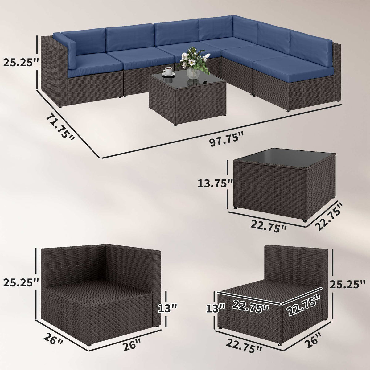 7 Piece Patio Furniture Set, All Weather PE Rattan Outdoor Furniture Conversation Sets with Glass Top Coffee Table
