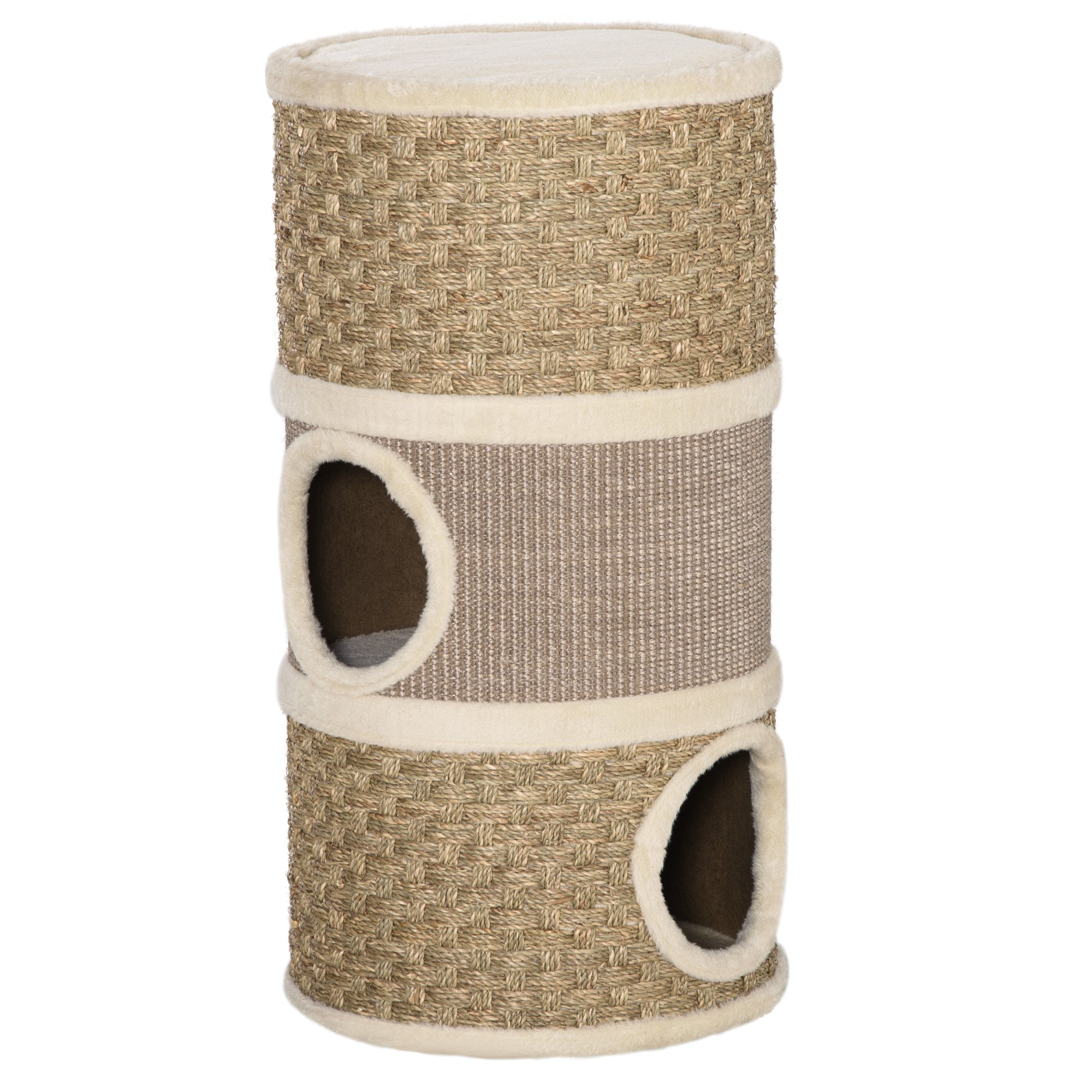 28 Inch Cat Condo, 3 Story Cat Hideaway with Sisal Scratching Pad - Khaki