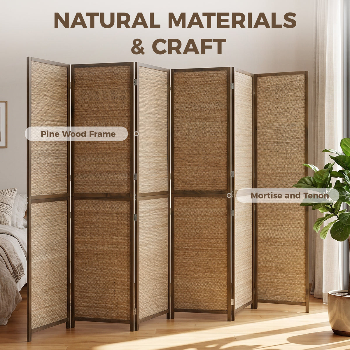 Room Divider, 6 Panel Folding Privacy Screen, 6 FT Tall Hand-Woven Bamboo Wall Partition, Brown