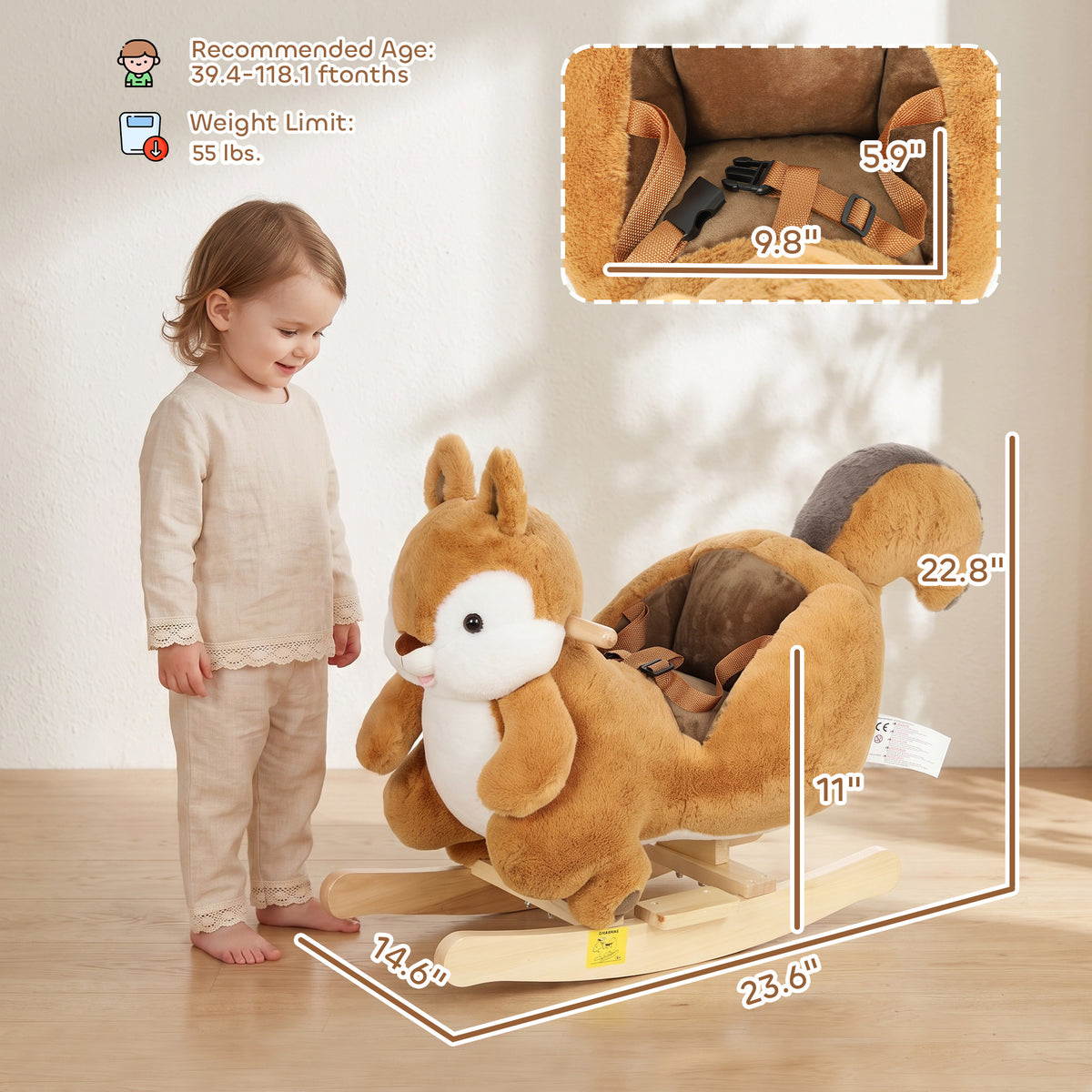 Baby Rocking Horse for Toddlers 1-3 Years, Squirrel Rocking Horse Toy with Sounds, Seat Belt and Rocking Stopper, Brown