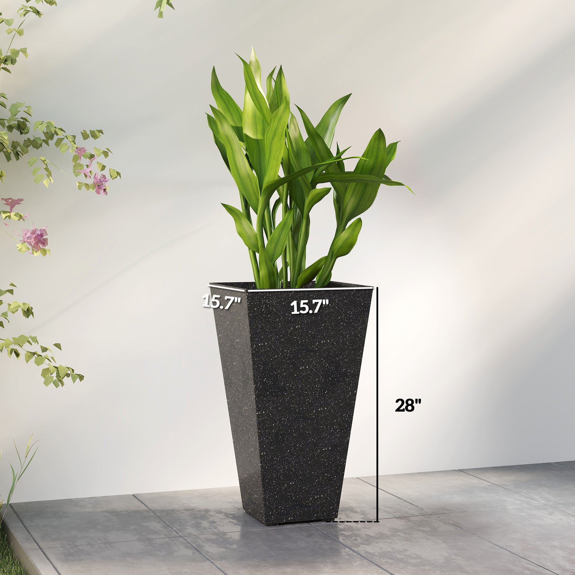 28" Tall Planters, Set of 3 Plastic Flower Pots with Marble Finish and Drainage Holes, Stackable Taper Planters, Black - Black - Image 3