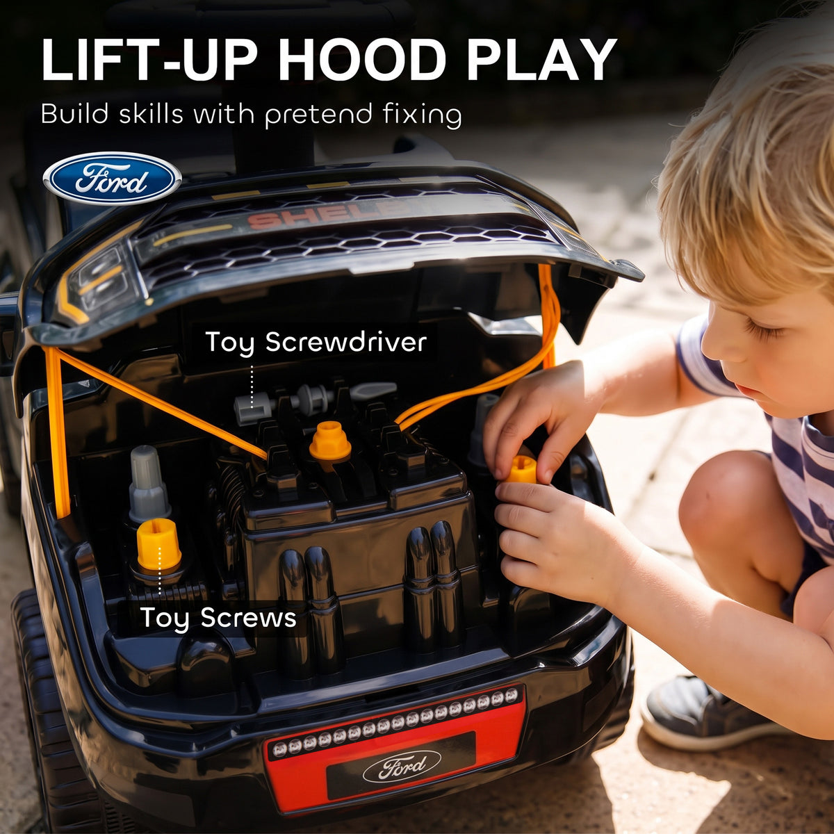 3-in-1 Push Car for 1-3, Licensed Ford Shelby Sliding Walking Car with Parent Handle, Canopy, Guardrail, Storage, Black