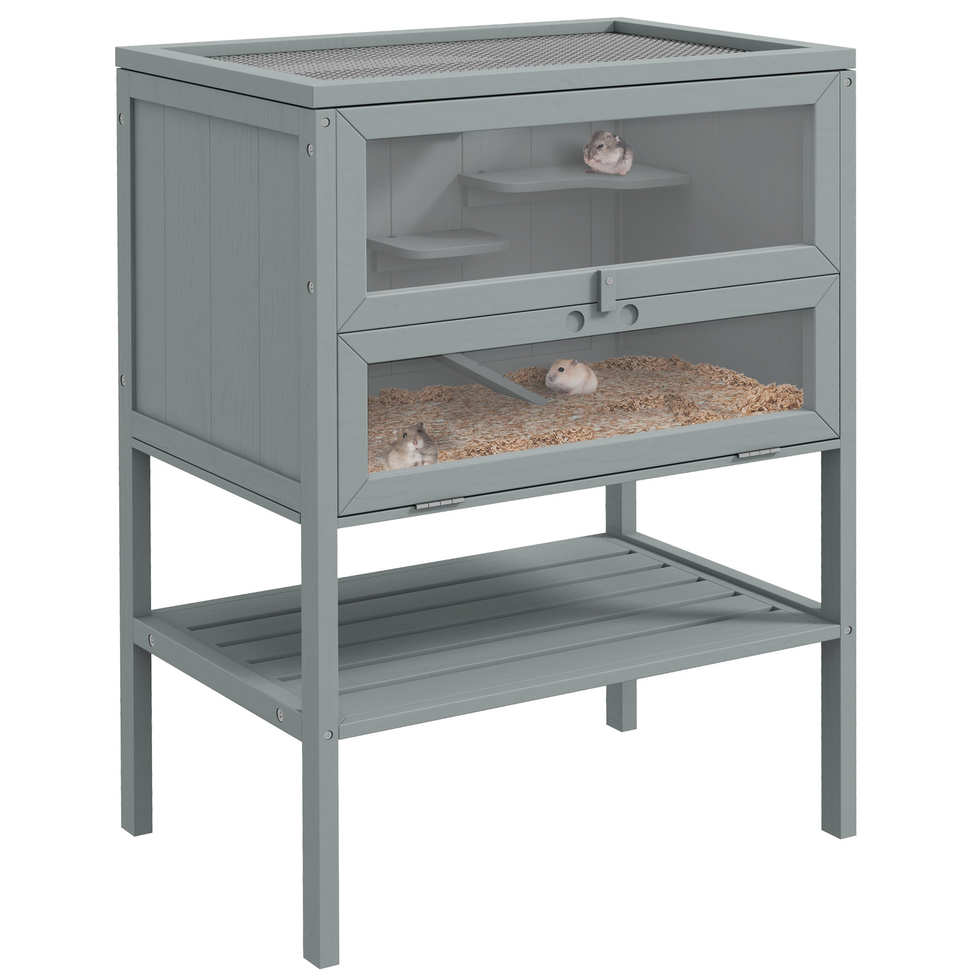 3-Tier Wooden Hamster Cage Mice and Rat Cage Small Animals Hutch with Openable Top, Front Door, Storage Shelf, Gray - Gray